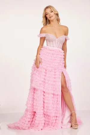 Cecilia Couture 2224 Size 0 Hot Pink Ruffle A Line Maxi Slit off the Shoulder Prom Dress Formal Corset Gown