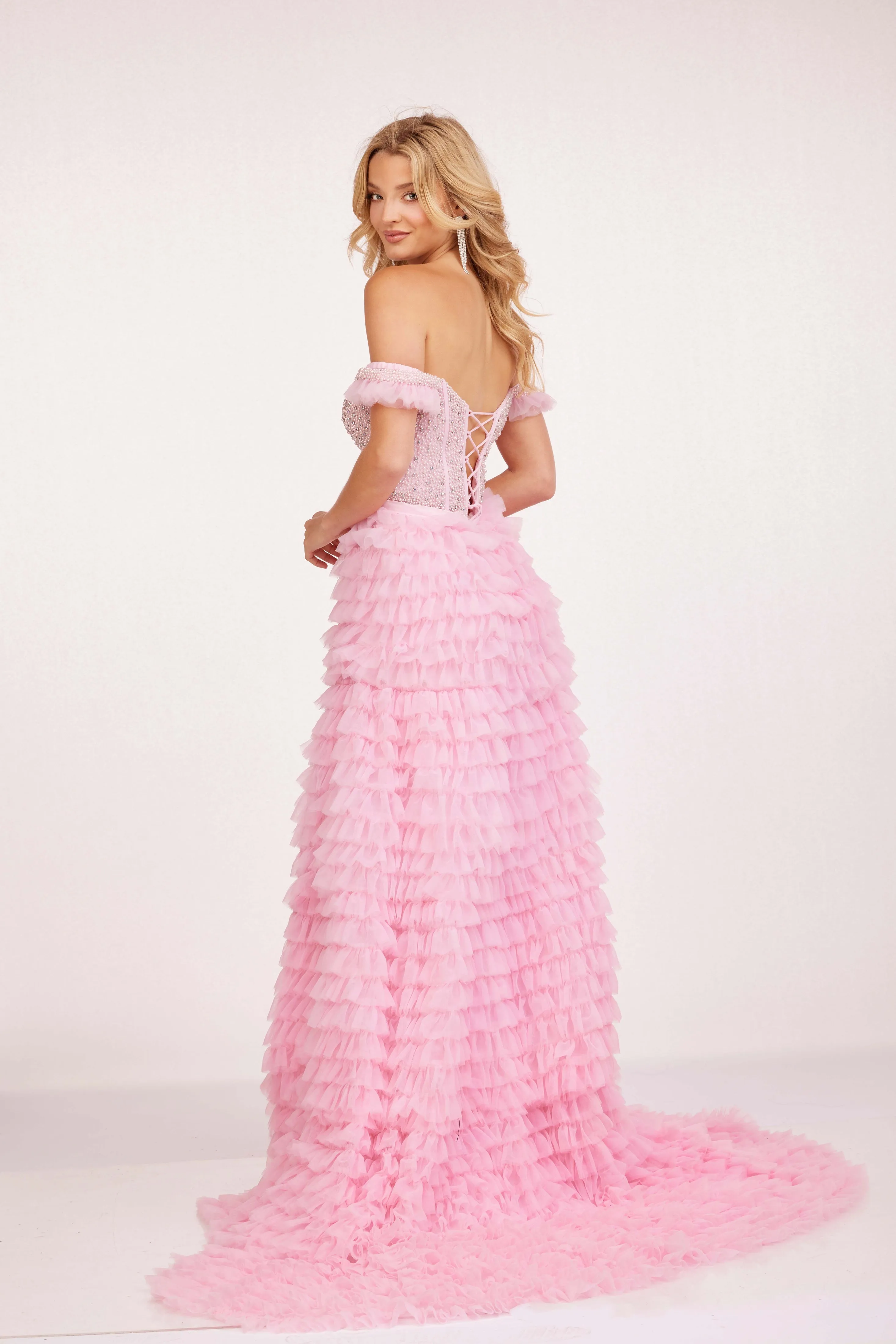 Cecilia Couture 2224 Size 4 Powder Blue Ruffle A Line Maxi Slit off the Shoulder Prom Dress Formal Corset Gown