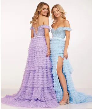 Cecilia Couture 2224 Size 4 Powder Blue Ruffle A Line Maxi Slit off the Shoulder Prom Dress Formal Corset Gown