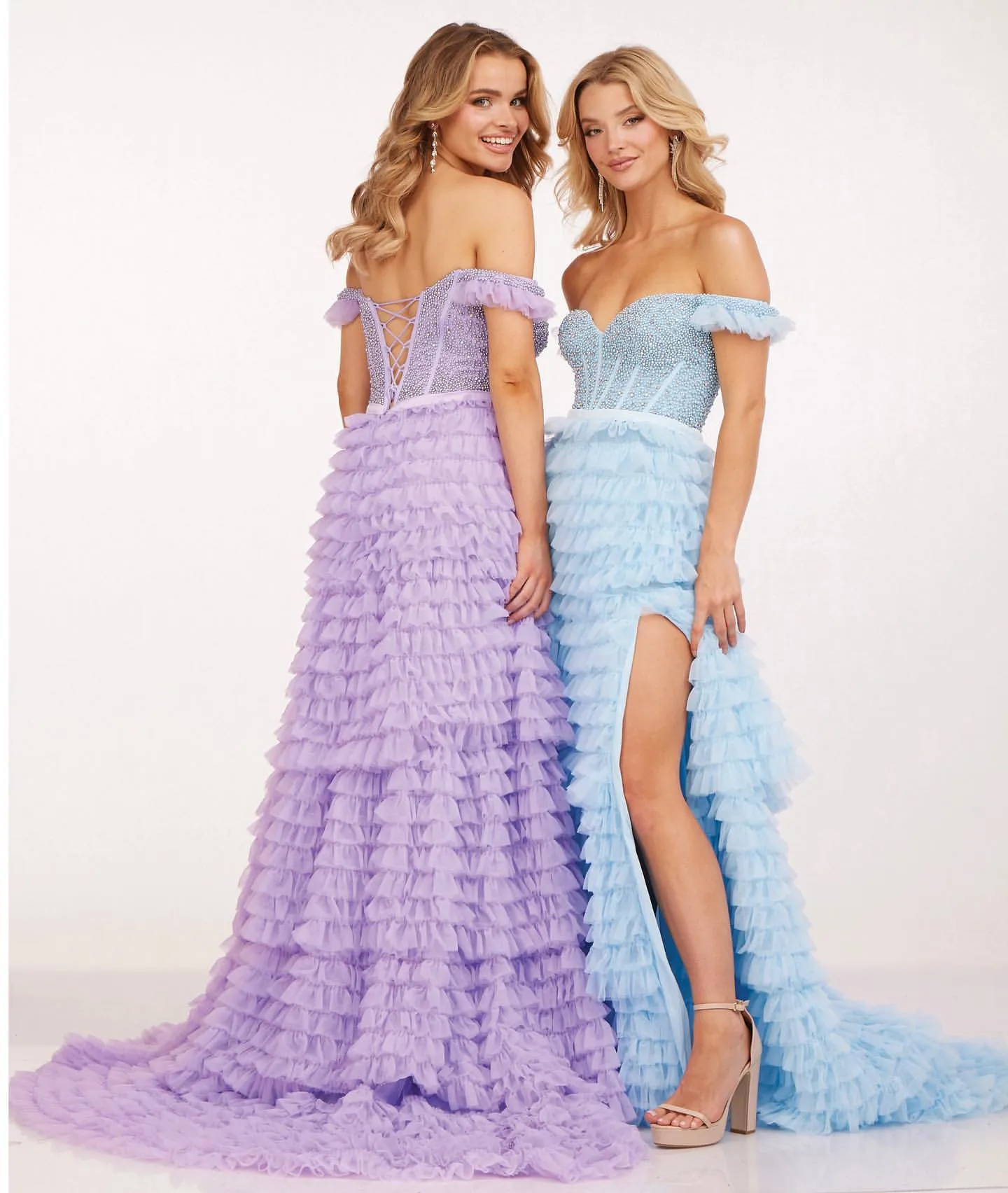 Cecilia Couture 2224 Size 4 Powder Blue Ruffle A Line Maxi Slit off the Shoulder Prom Dress Formal Corset Gown