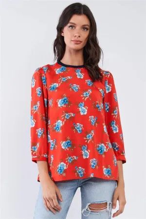 Cherry Red Blue Floral Print Mid Sleeve Navy Crew Neck Lose Fit Top