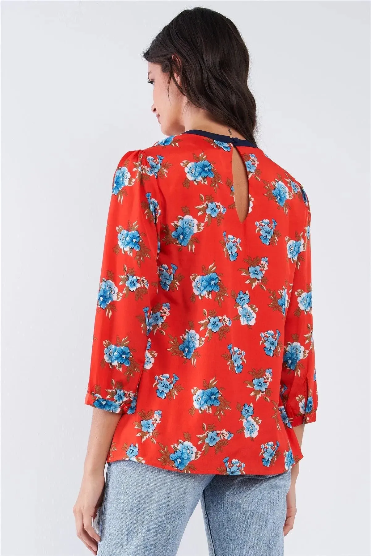 Cherry Red Blue Floral Print Mid Sleeve Navy Crew Neck Lose Fit Top