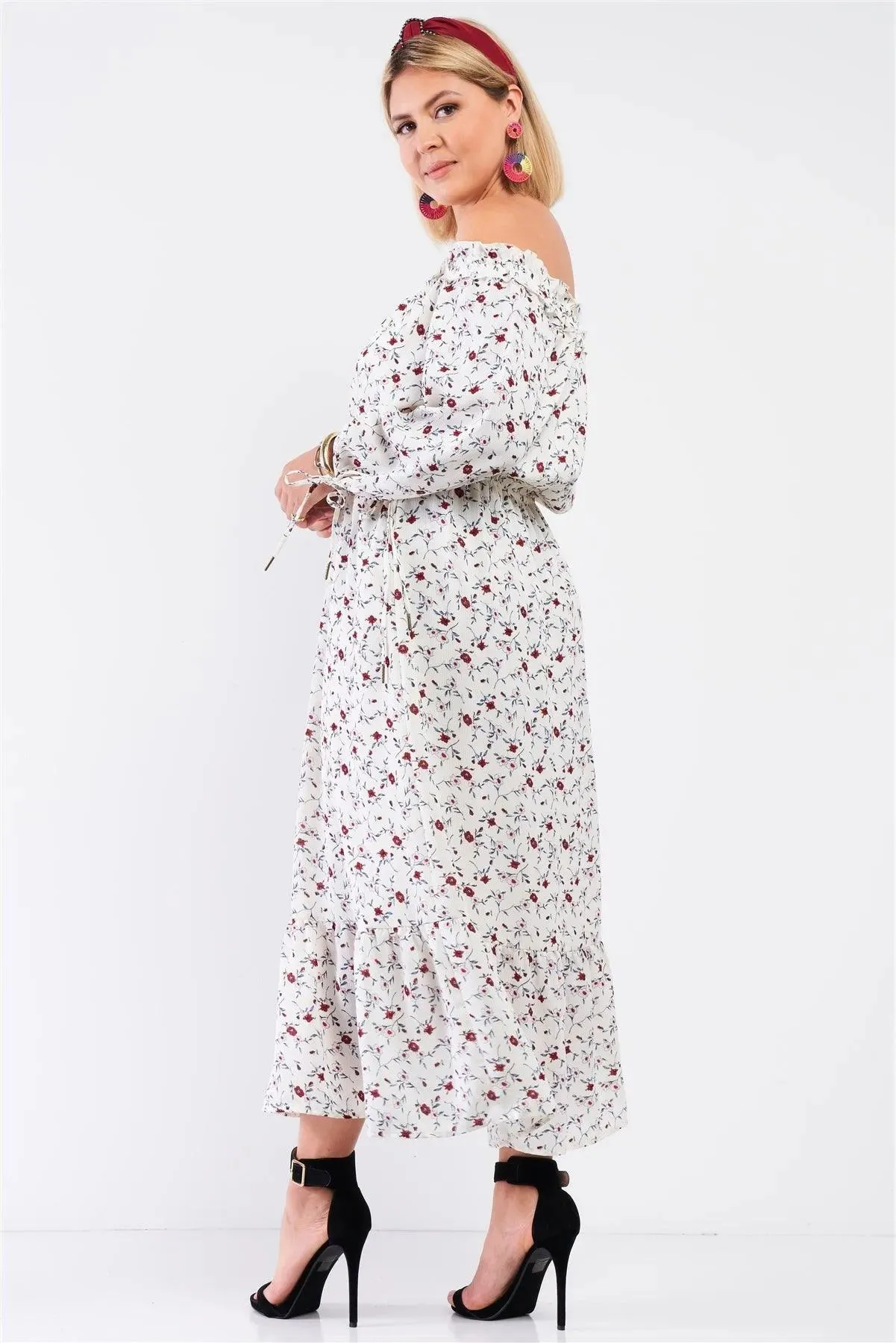 Cream Multi Floral Boho Off The Shoulder Ruffle Hem Maxi Dress