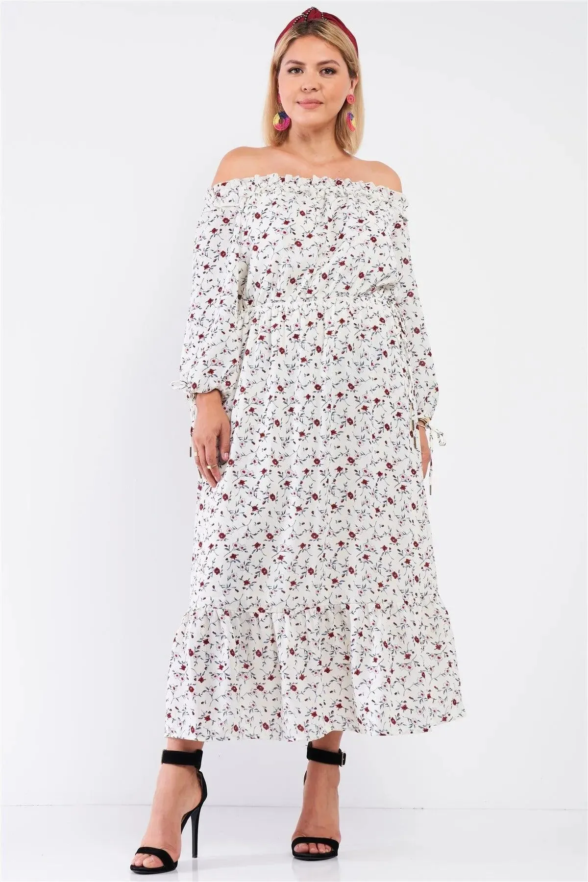 Cream Multi Floral Boho Off The Shoulder Ruffle Hem Maxi Dress