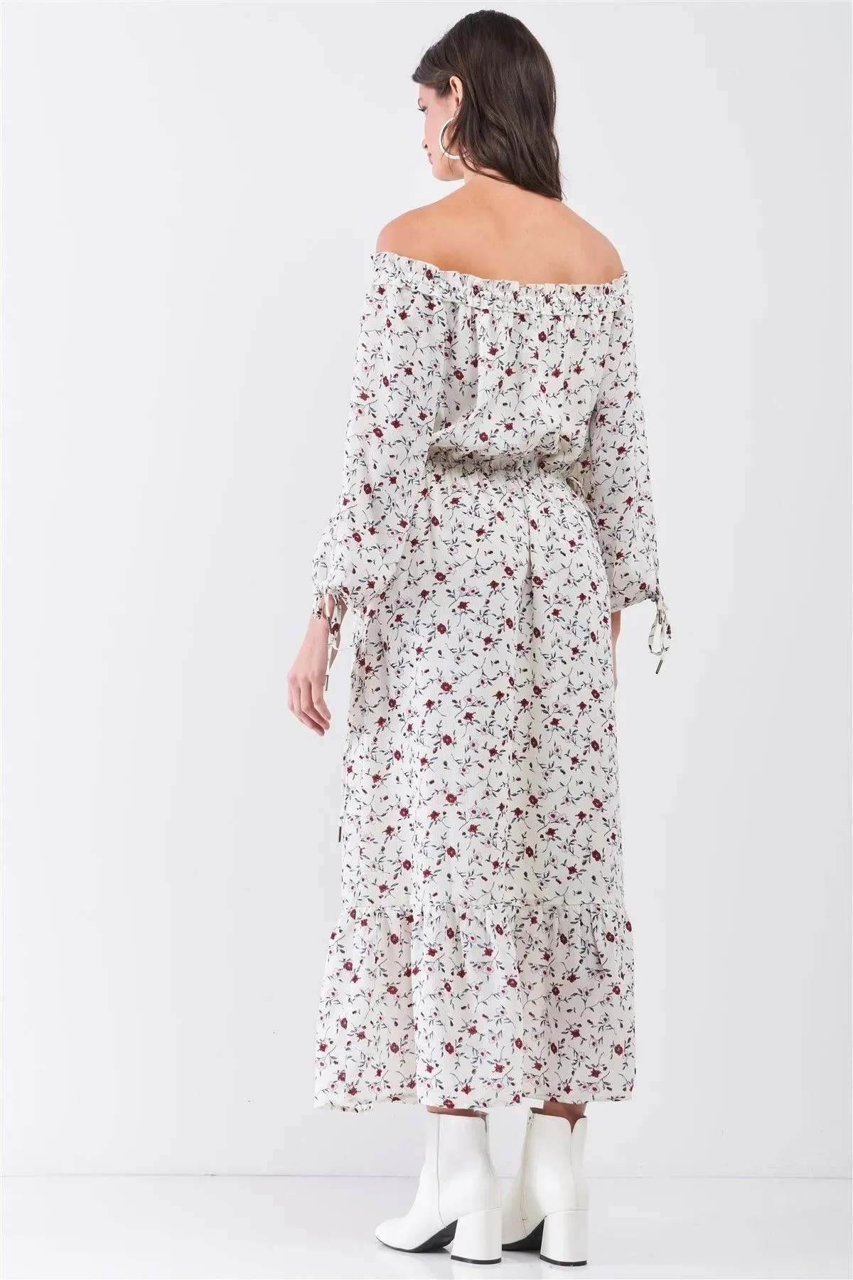 Cream Multi Floral Boho Off The Shoulder Ruffle Hem Maxi Dress