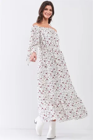 Cream Multi Floral Boho Off The Shoulder Ruffle Hem Maxi Dress