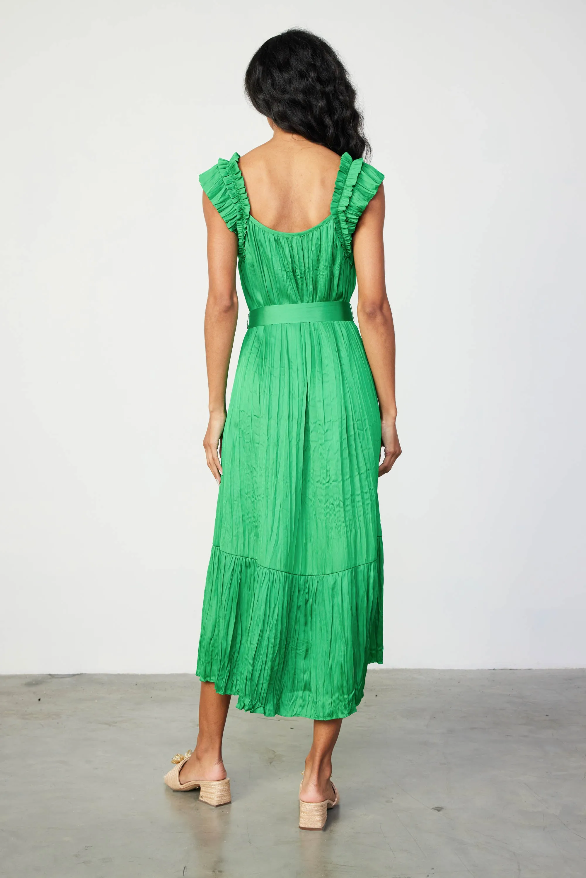 Crinkled Ruffled Shoulder Midi Dress