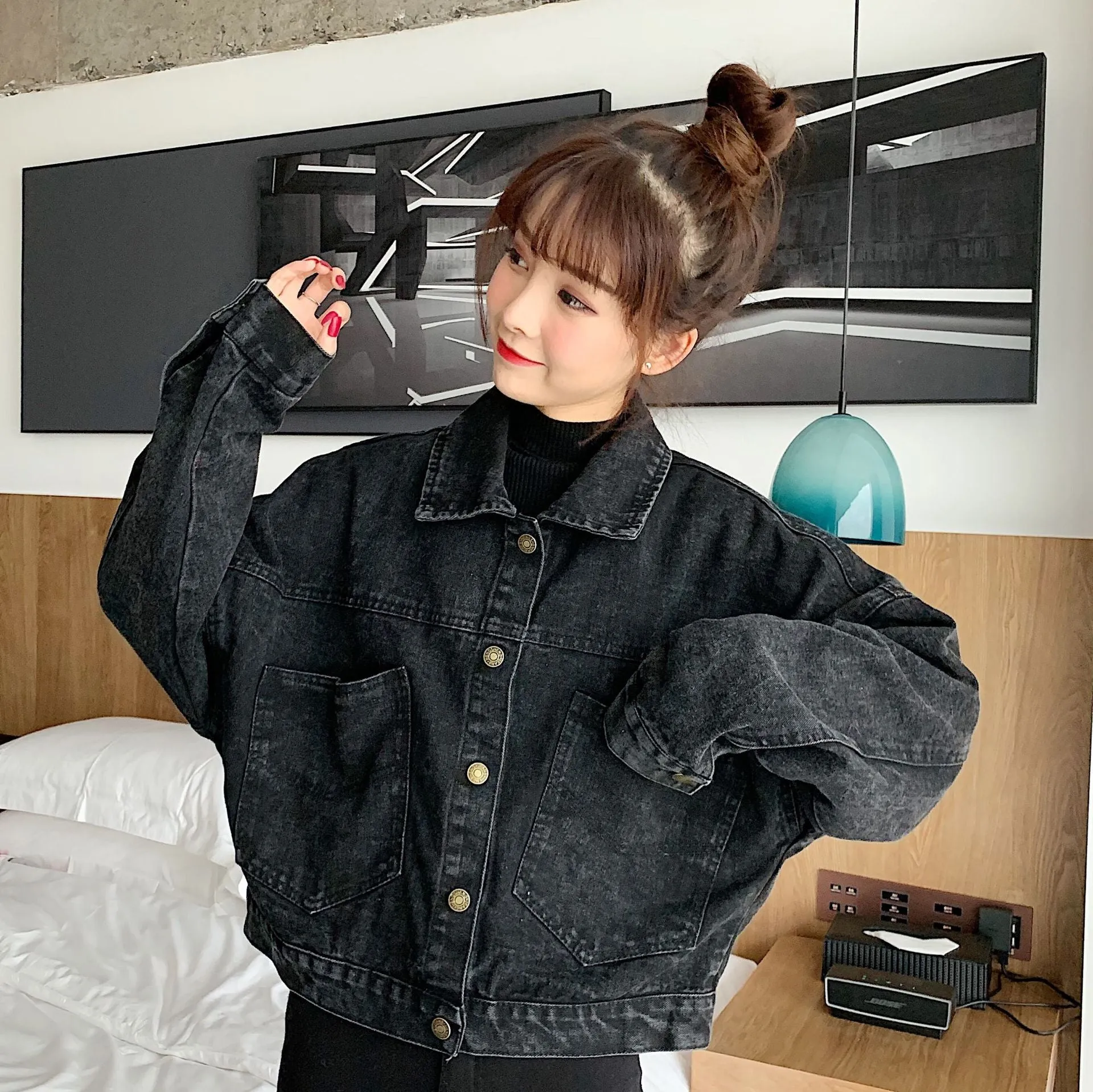 Cropped Style Black Denim Jacket