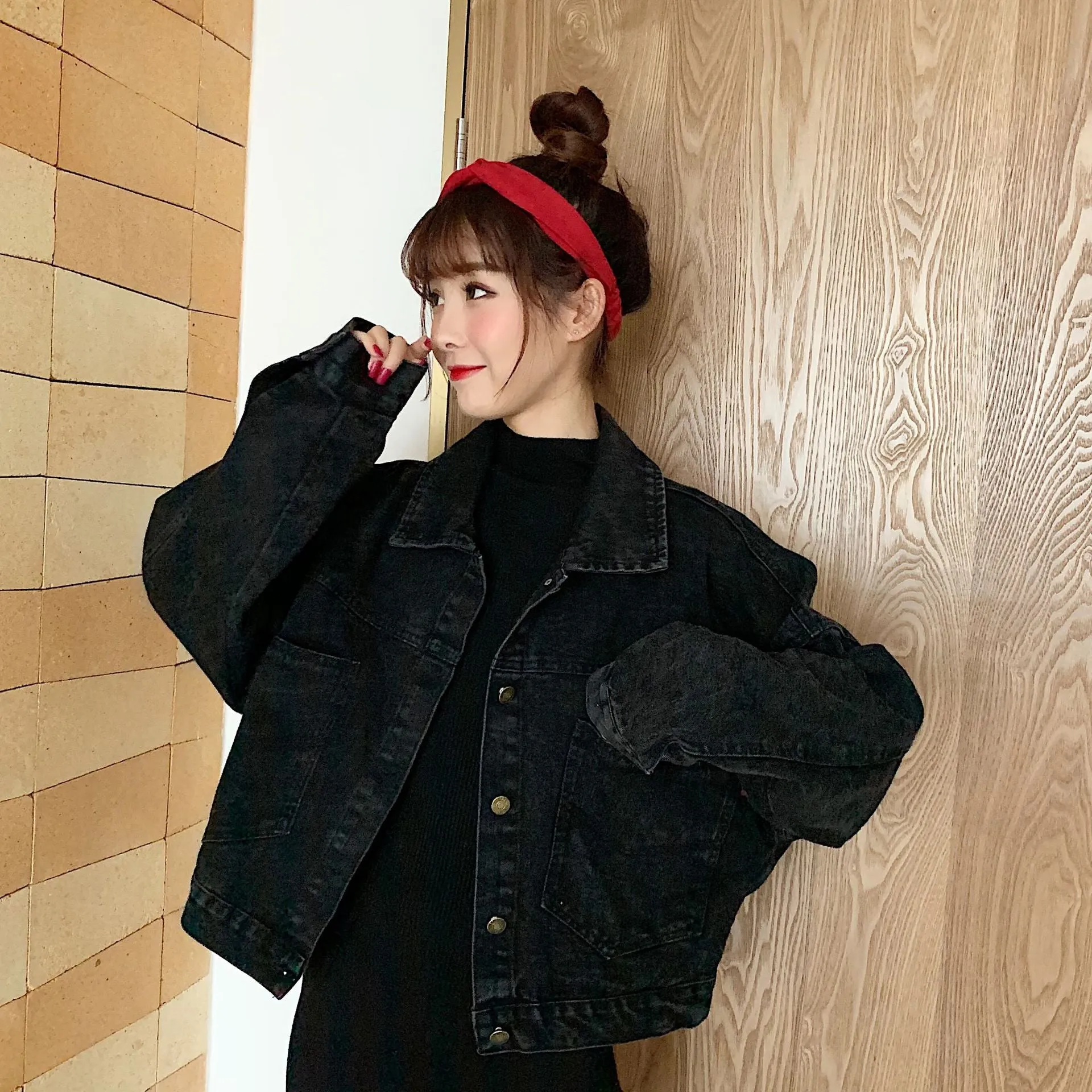 Cropped Style Black Denim Jacket