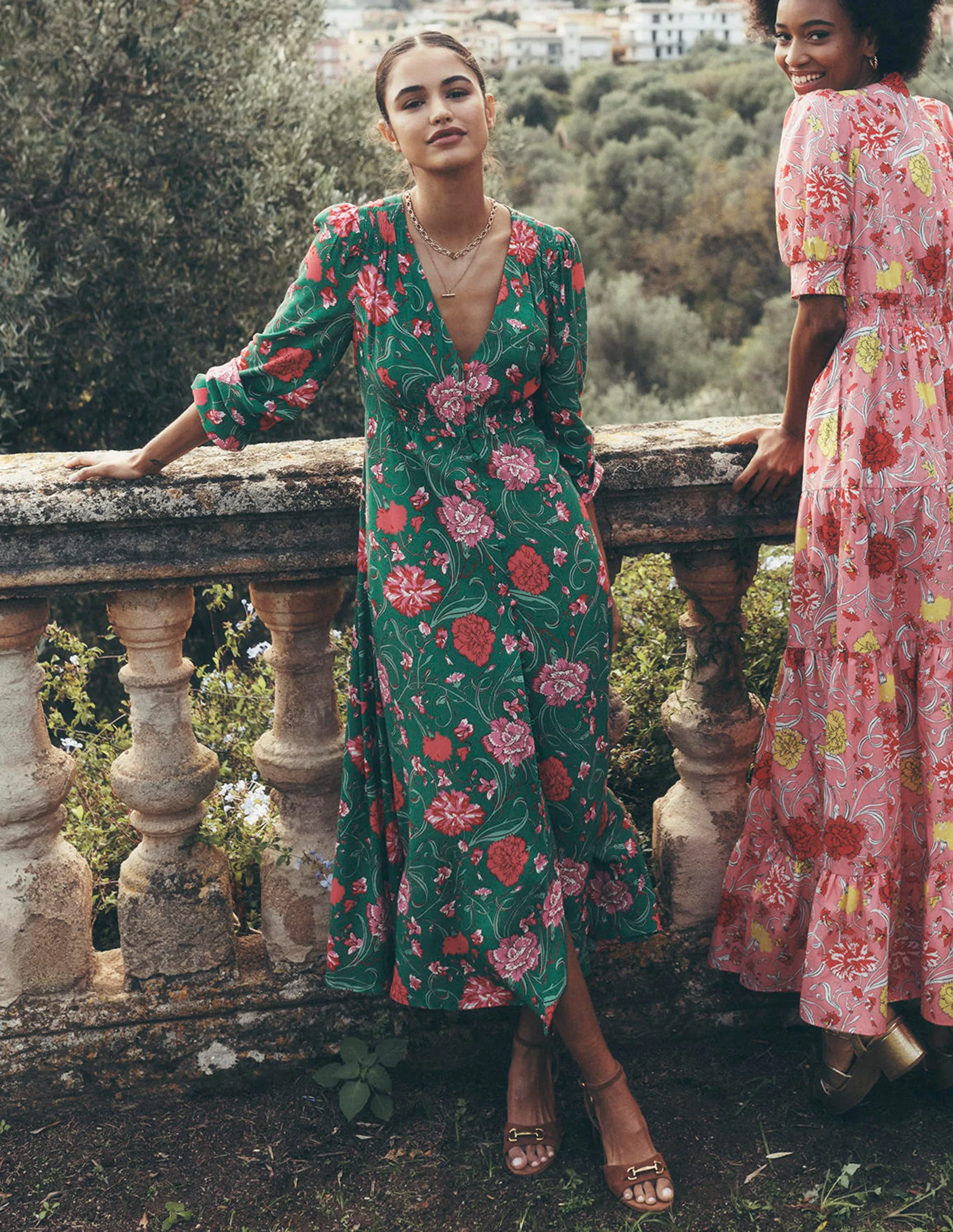 Cynthia Button Tea Dress-Rich Emerald, Carnation Vine