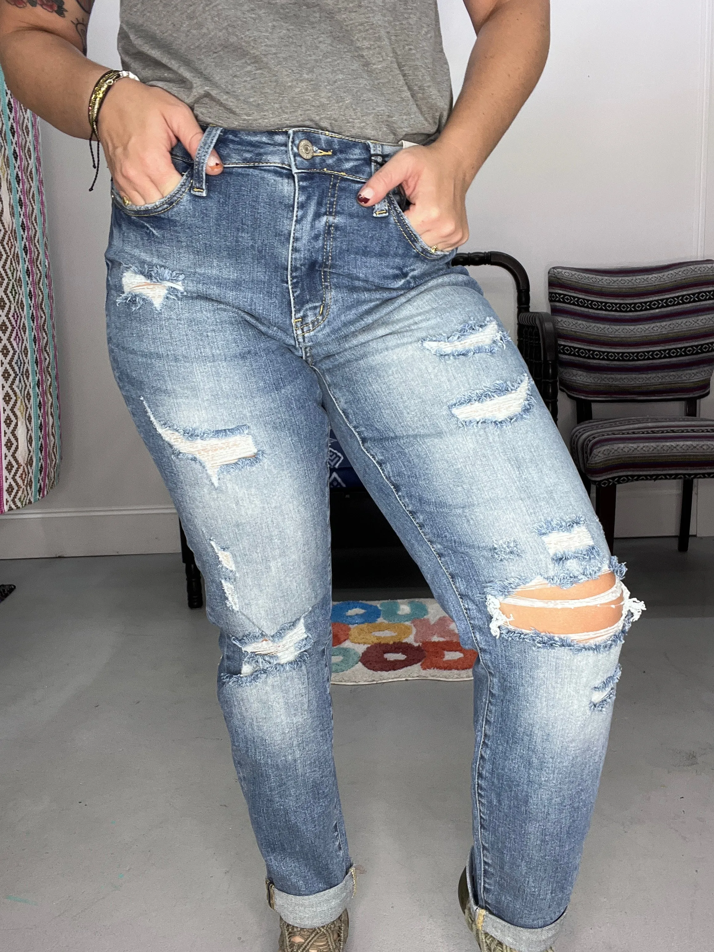 Distressed Cuffed Boyfriend Jeans