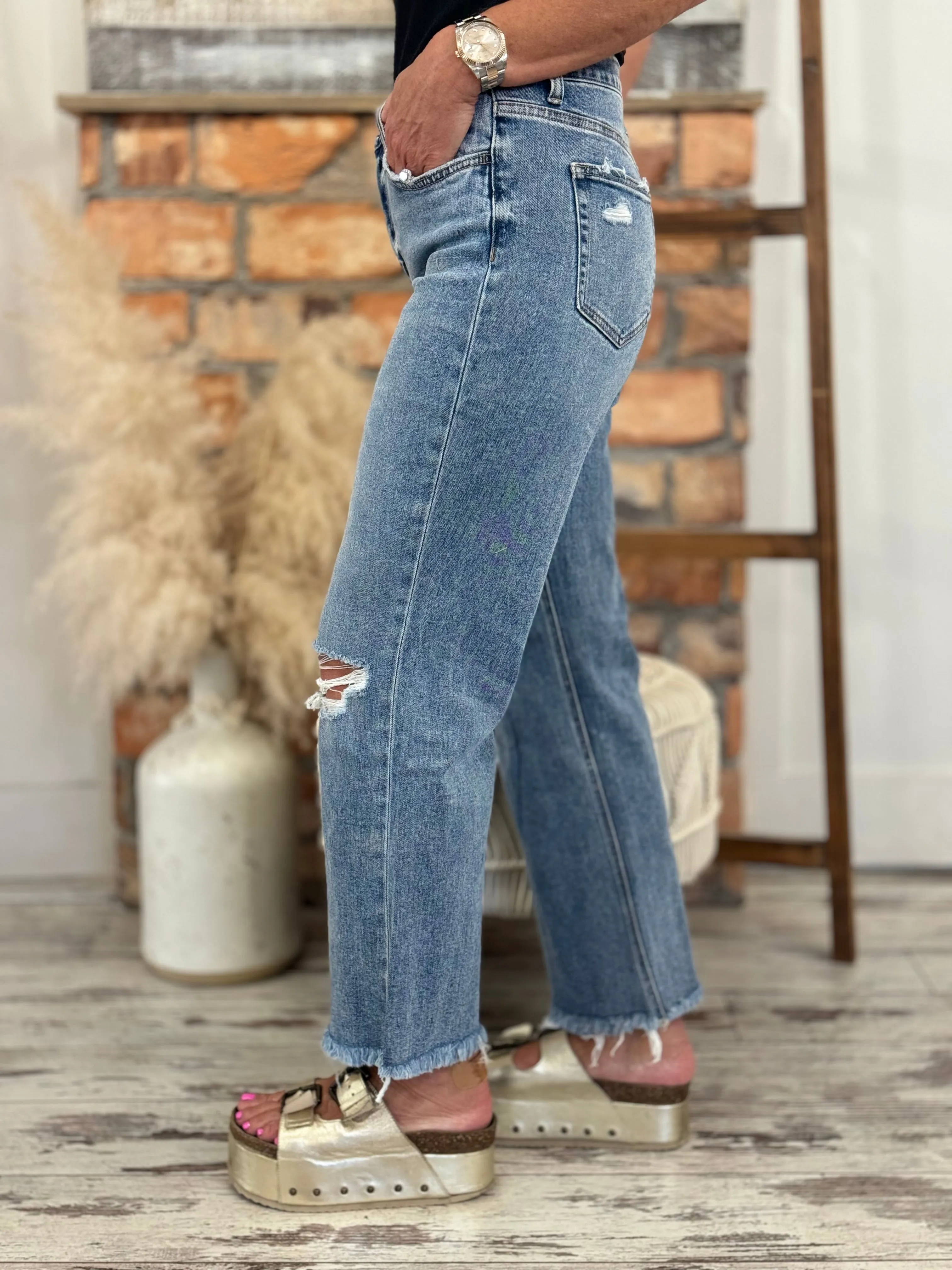 Distressed Slim Wide Leg Jeans
