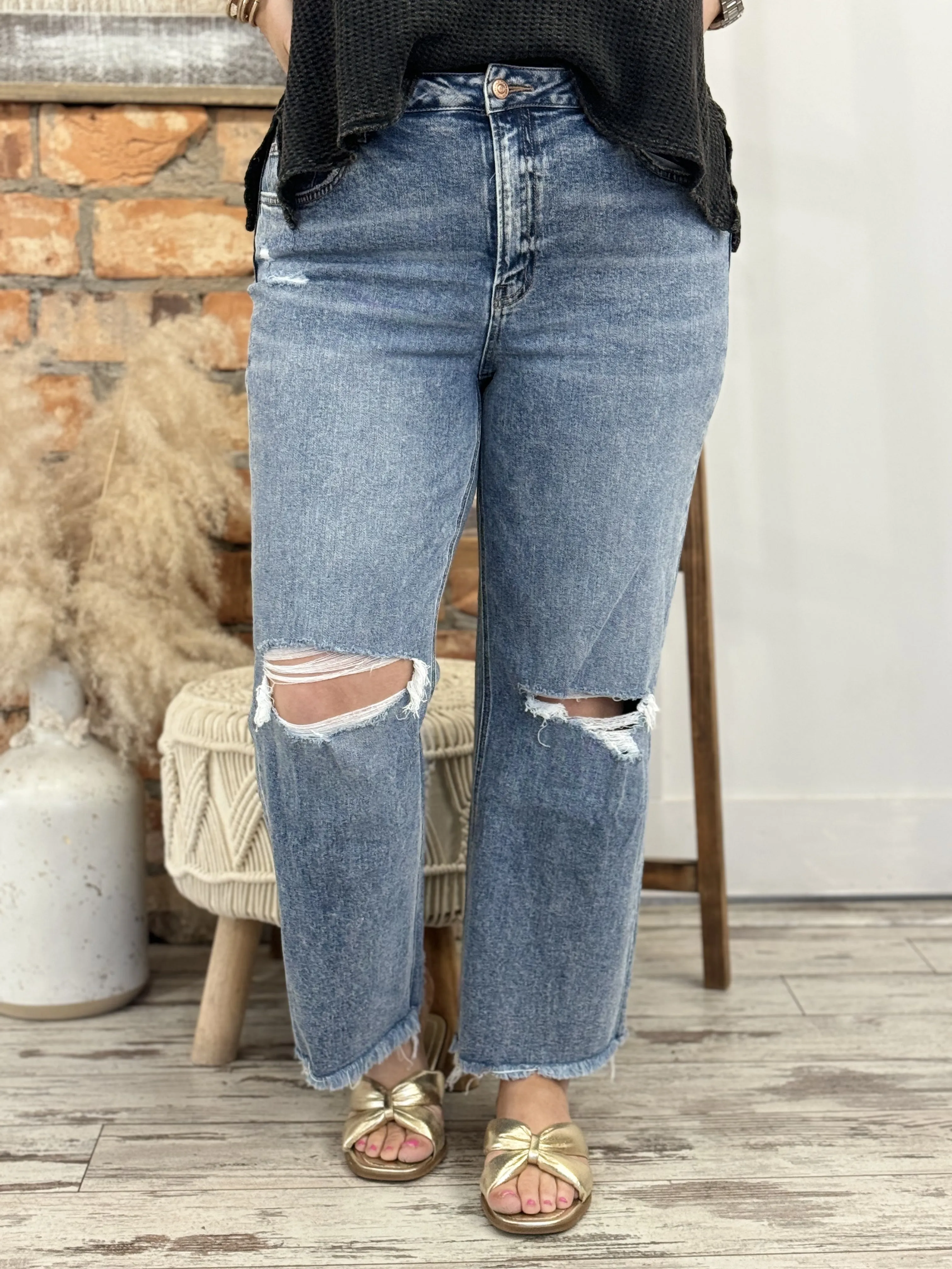 Distressed Slim Wide Leg Jeans