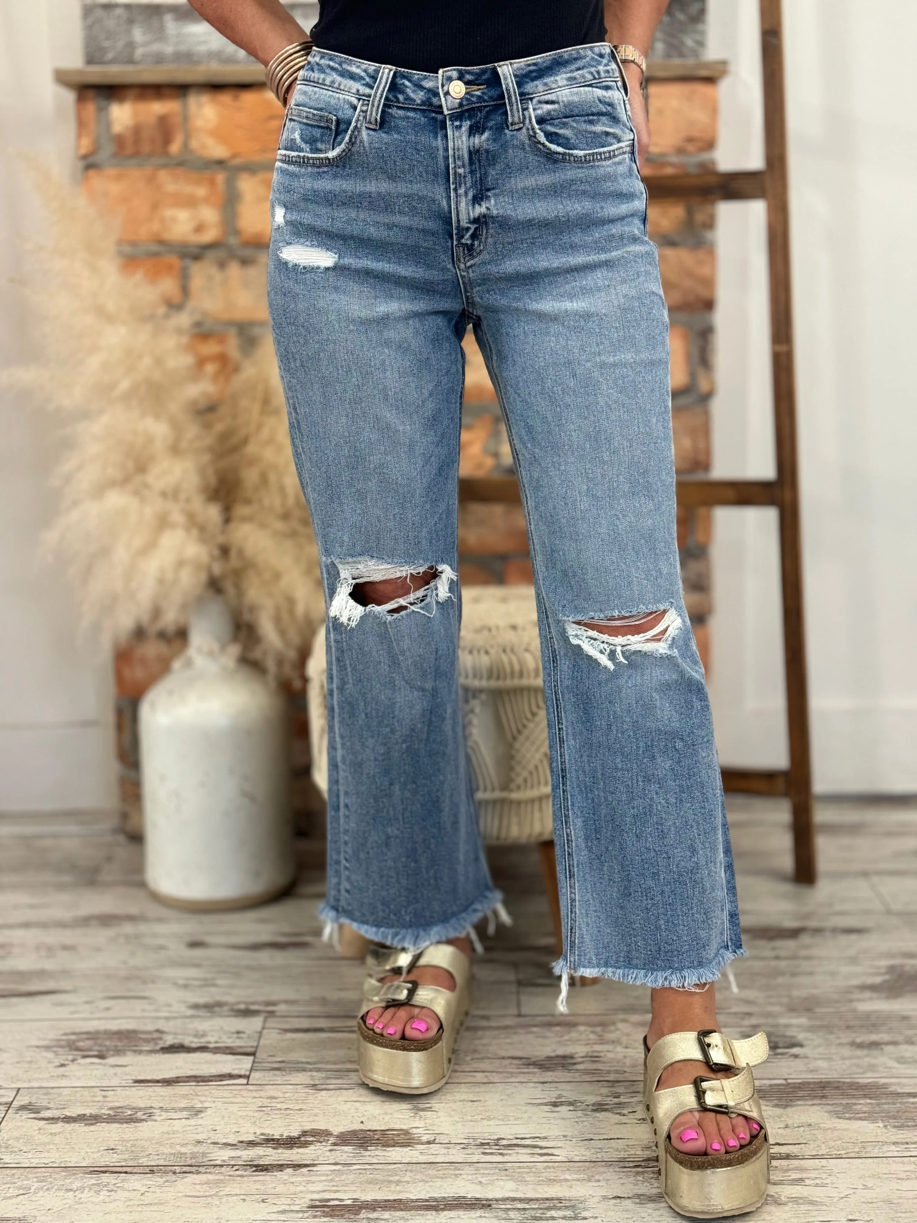 Distressed Slim Wide Leg Jeans