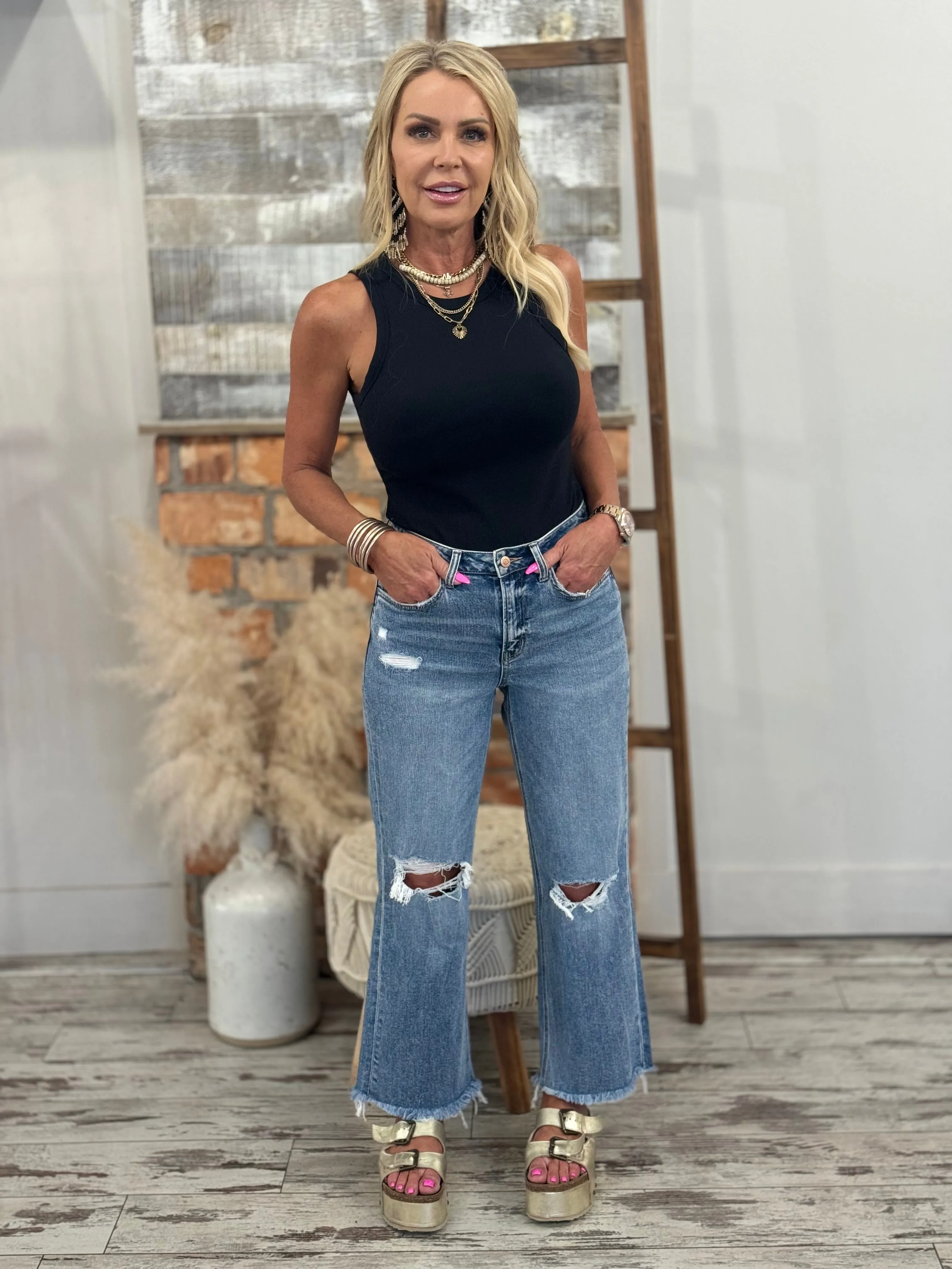 Distressed Slim Wide Leg Jeans