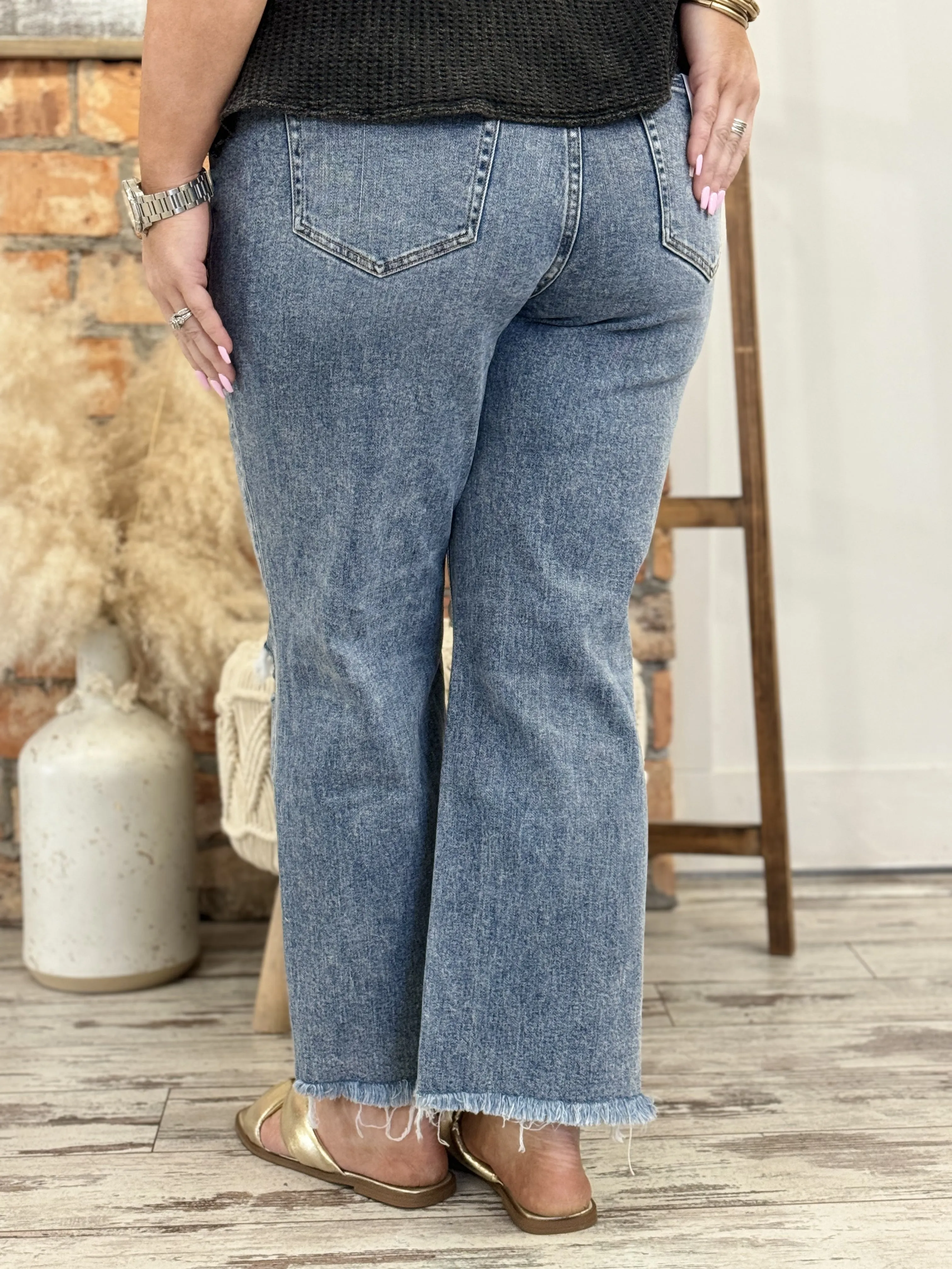 Distressed Slim Wide Leg Jeans