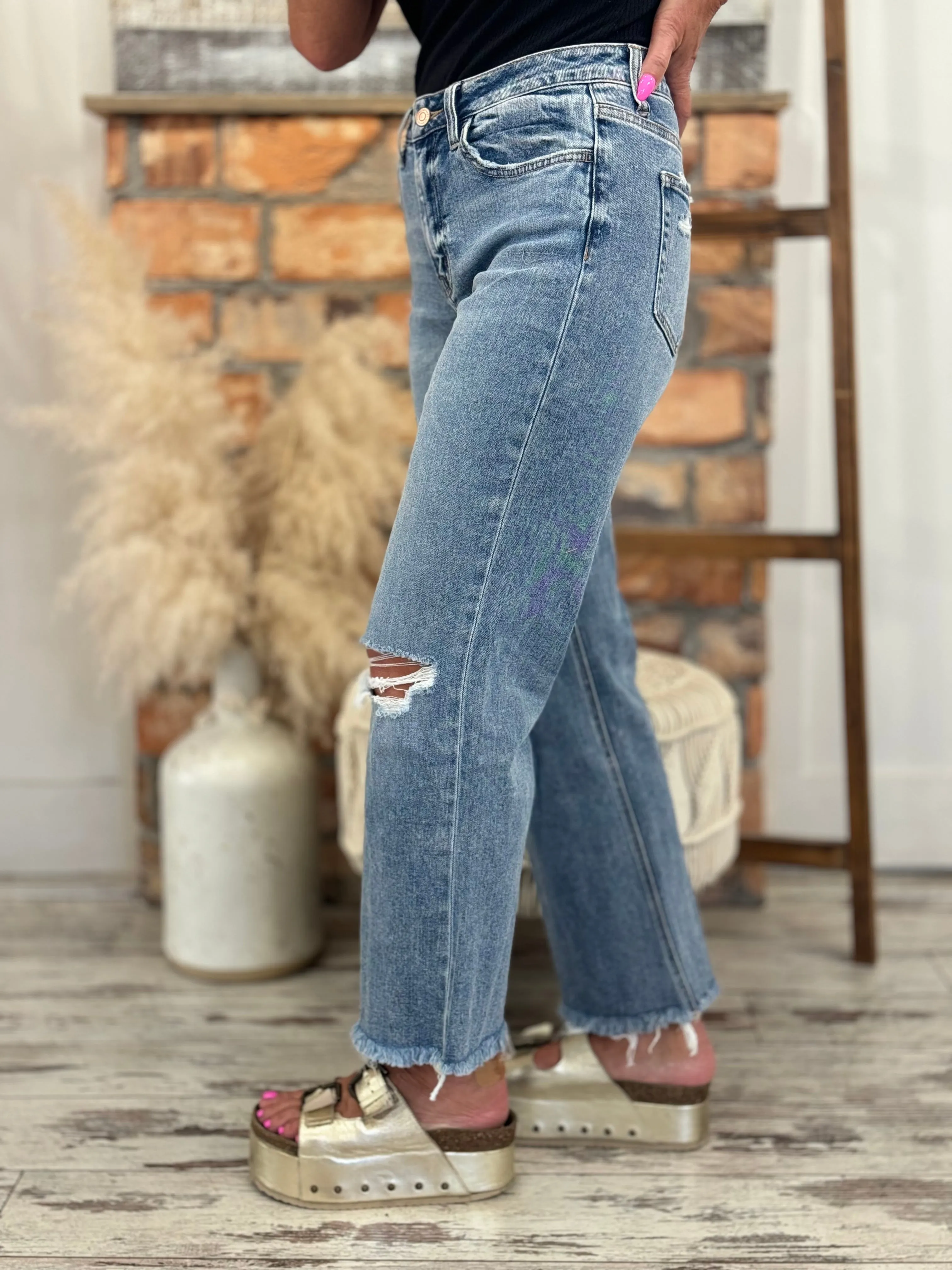 Distressed Slim Wide Leg Jeans