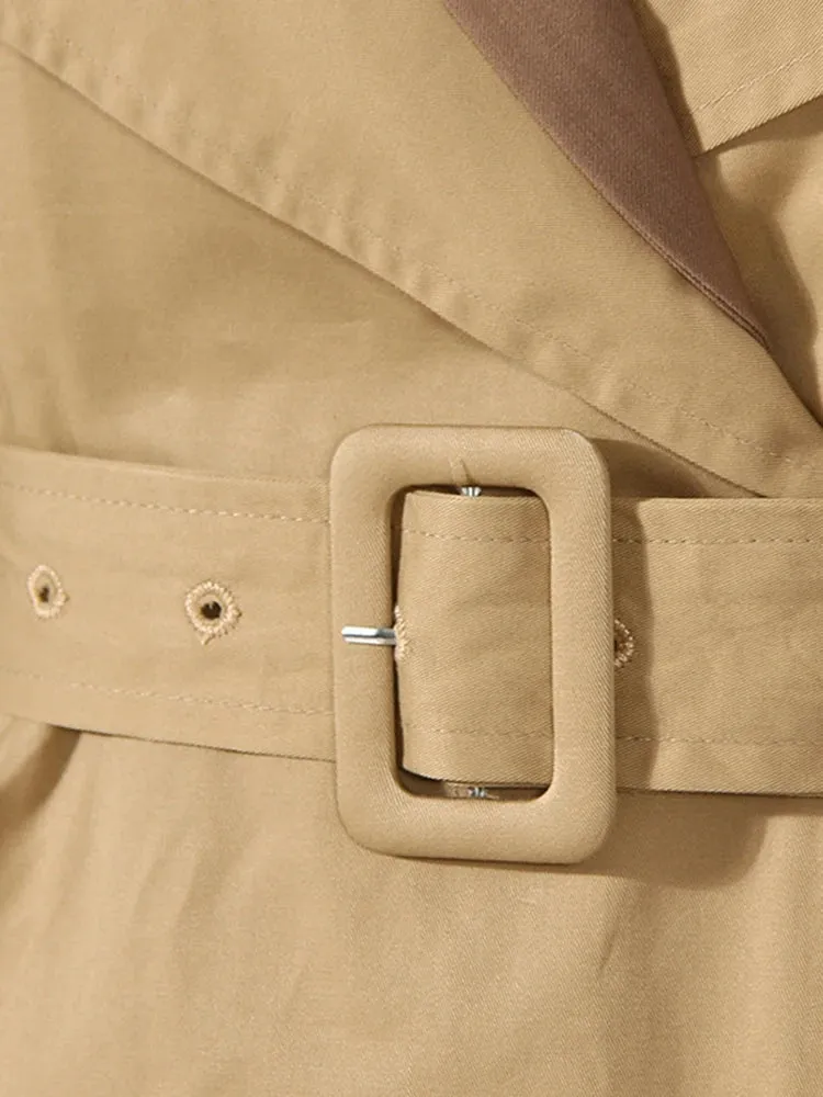 [EAM] Women Khaki Color-block Long Trench Coat