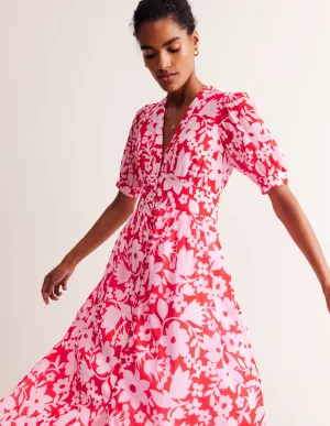 Elsa Crinkle Midi Tea Dress-Flame Scarlet, Tulip Garden