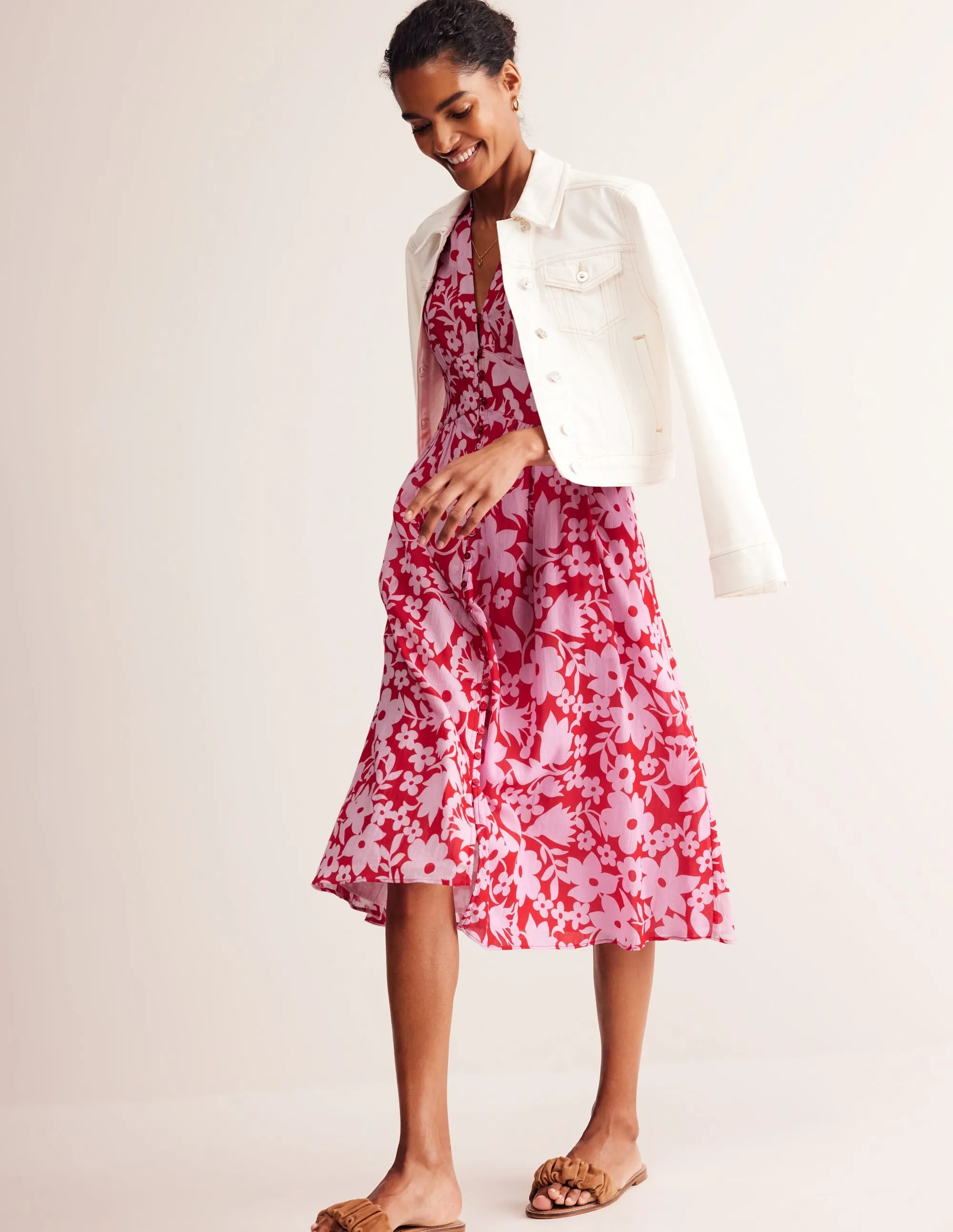 Elsa Crinkle Midi Tea Dress-Flame Scarlet, Tulip Garden