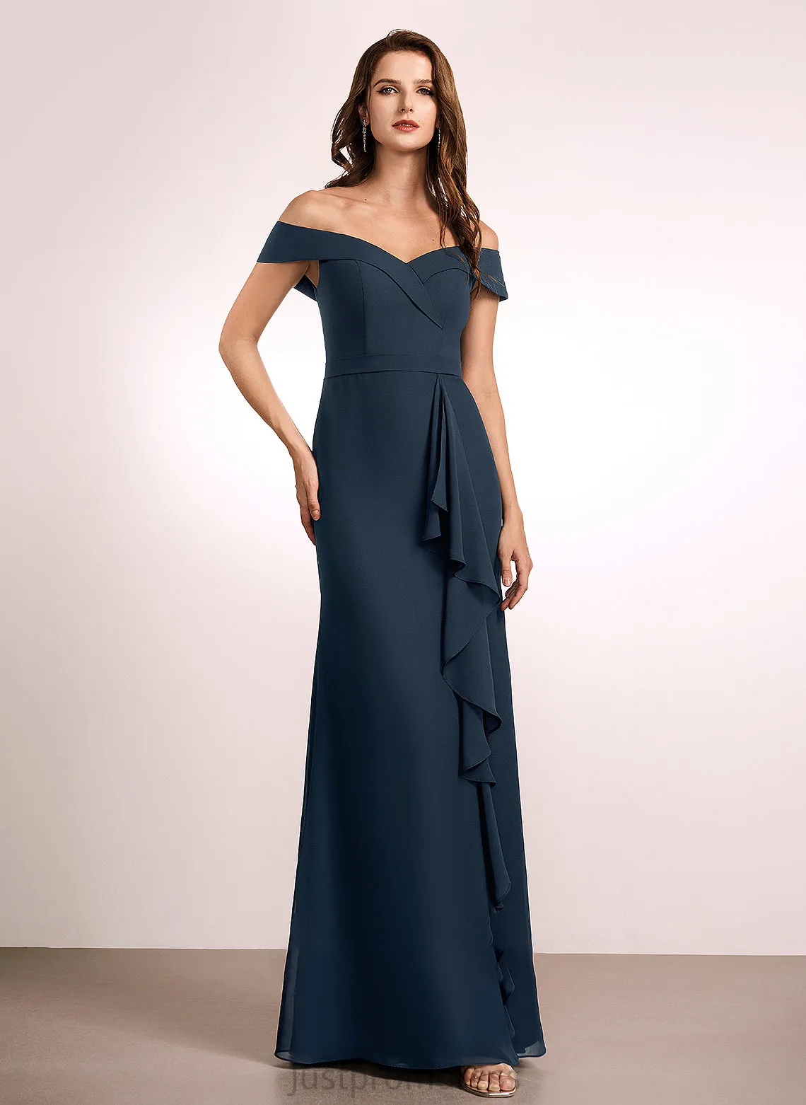 Embellishment Off-the-Shoulder Silhouette Neckline Length A-Line Ruffle Fabric Floor-Length Charity Spaghetti Staps Sleeveless Bridesmaid Dresses