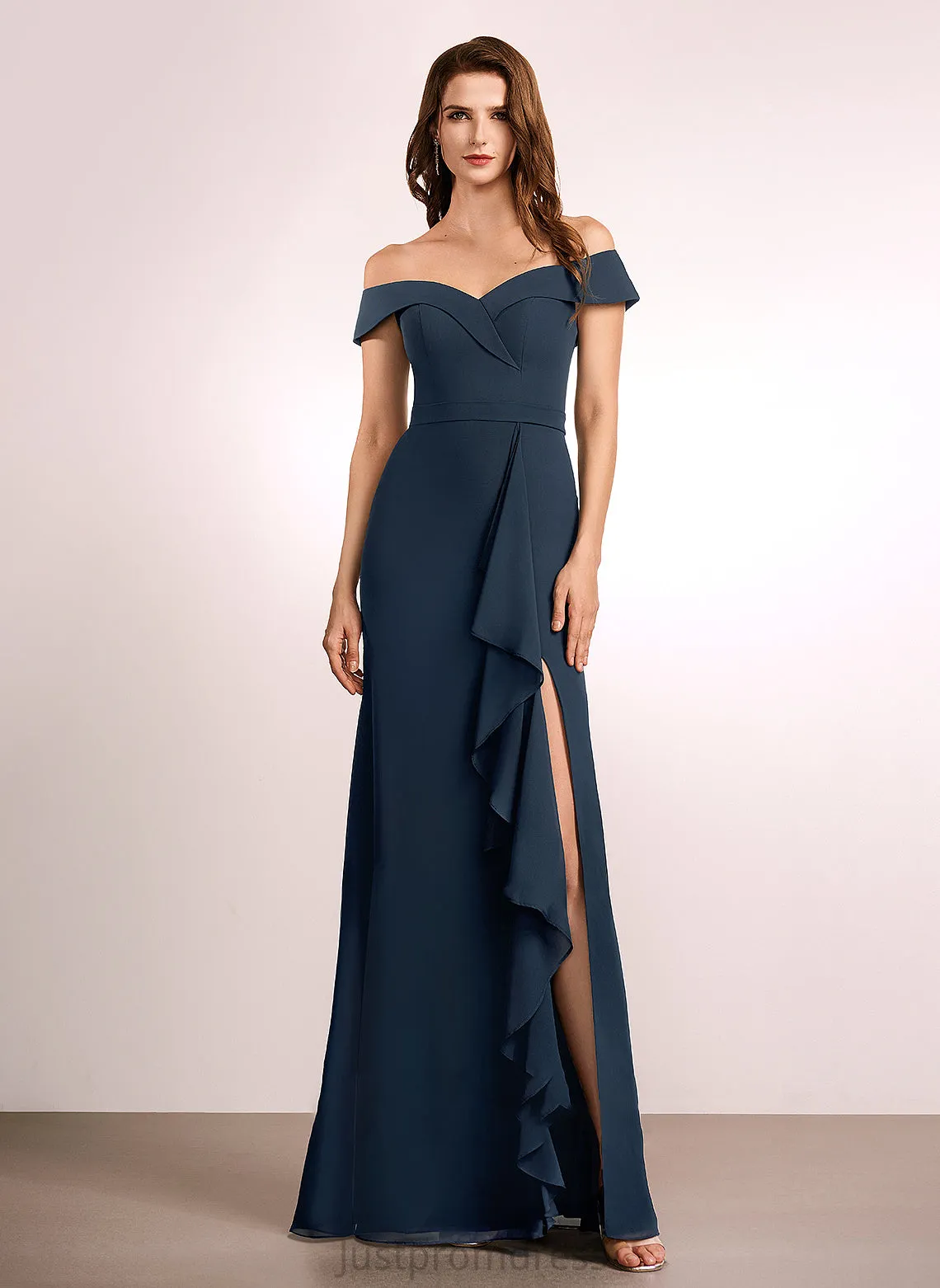 Embellishment Off-the-Shoulder Silhouette Neckline Length A-Line Ruffle Fabric Floor-Length Charity Spaghetti Staps Sleeveless Bridesmaid Dresses