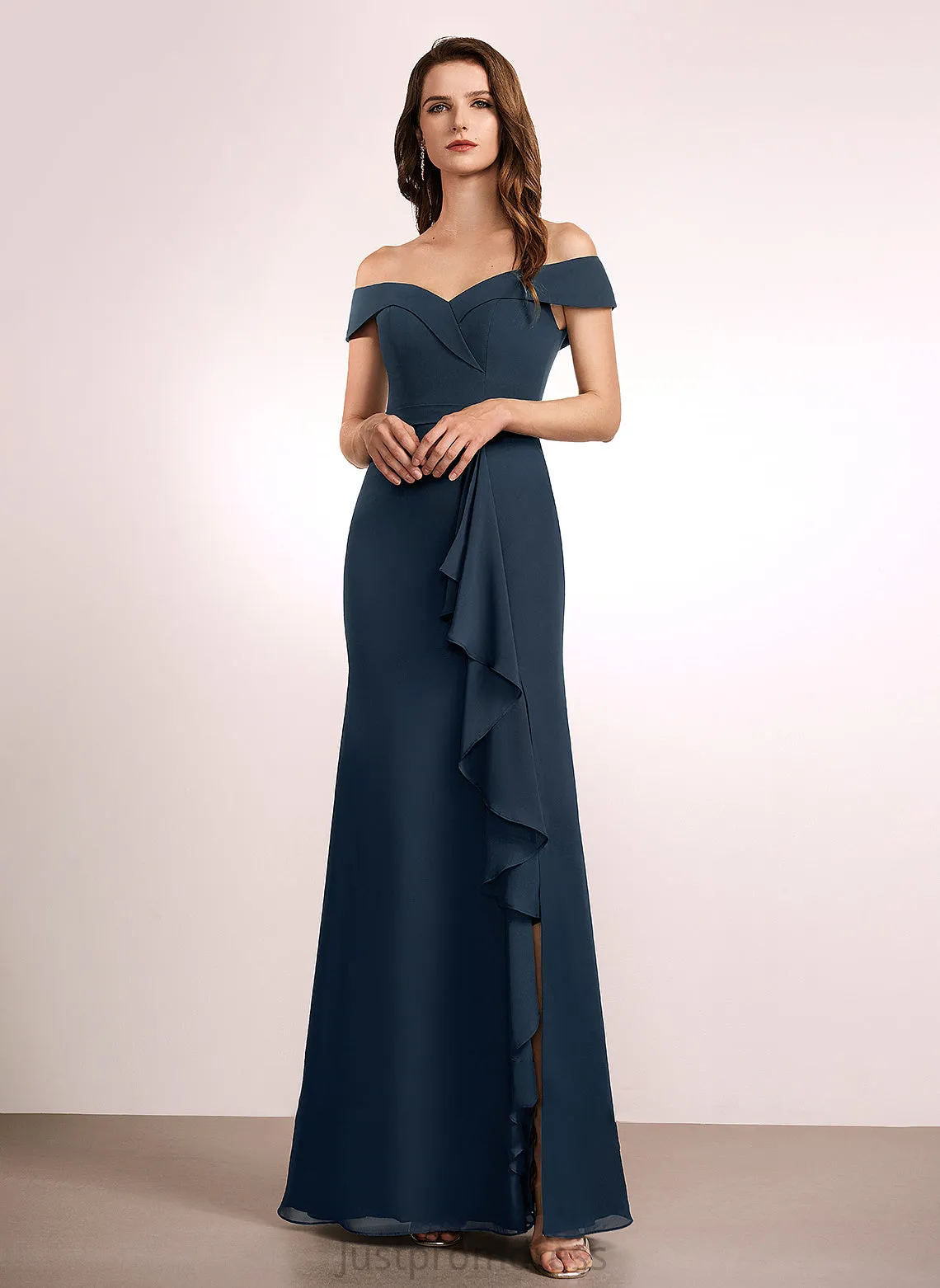 Embellishment Off-the-Shoulder Silhouette Neckline Length A-Line Ruffle Fabric Floor-Length Charity Spaghetti Staps Sleeveless Bridesmaid Dresses