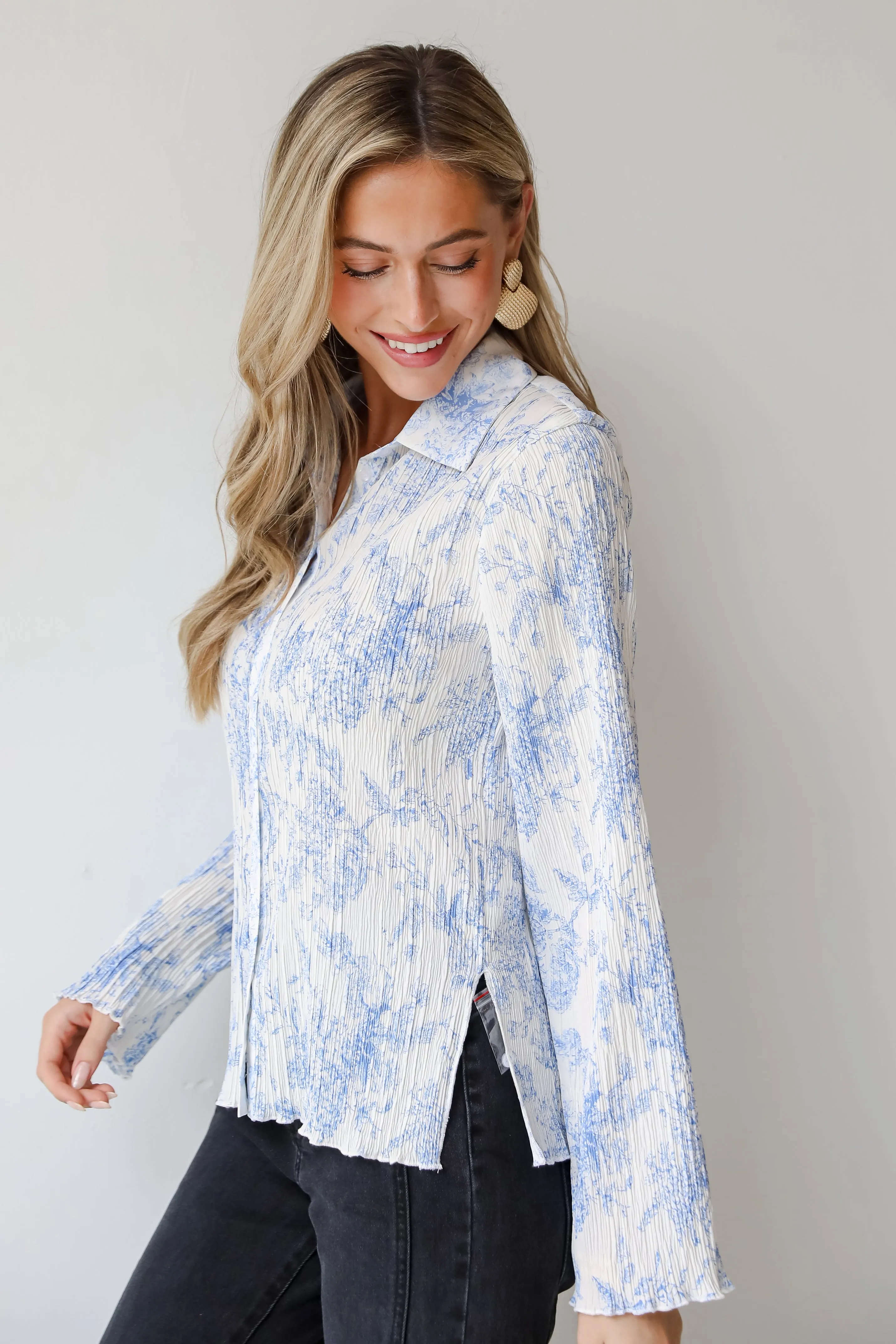 FINAL SALE - Modern Devotion Blue Floral Plisse Button-Up Blouse