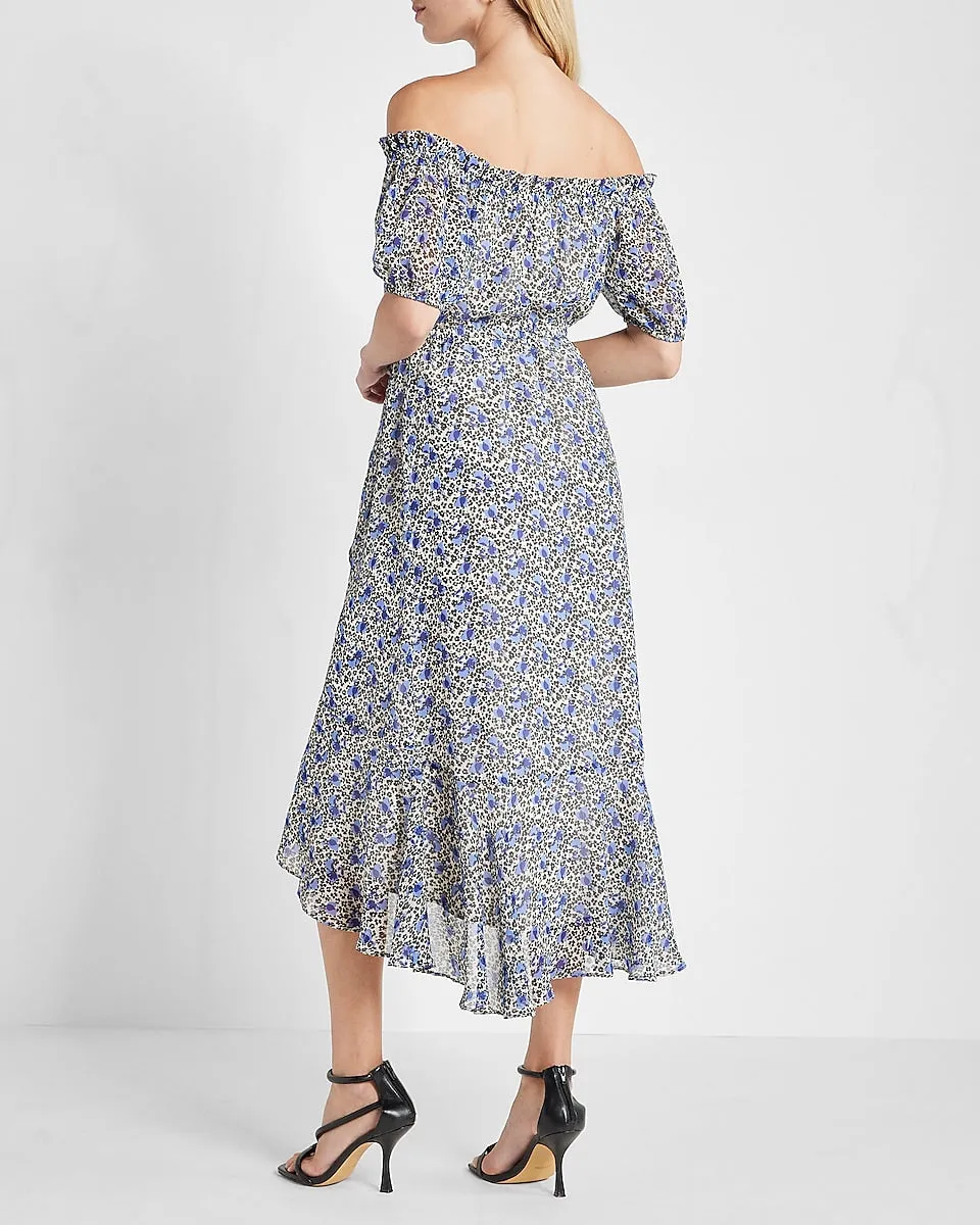 Floral Off The Shoulder Hi-Lo Dress in Blue Print