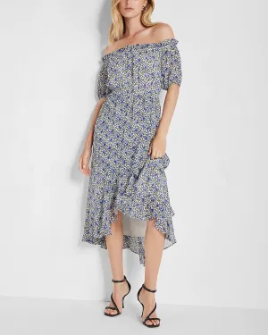 Floral Off The Shoulder Hi-Lo Dress in Blue Print