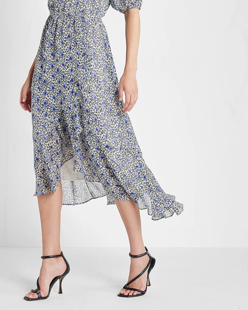 Floral Off The Shoulder Hi-Lo Dress in Blue Print