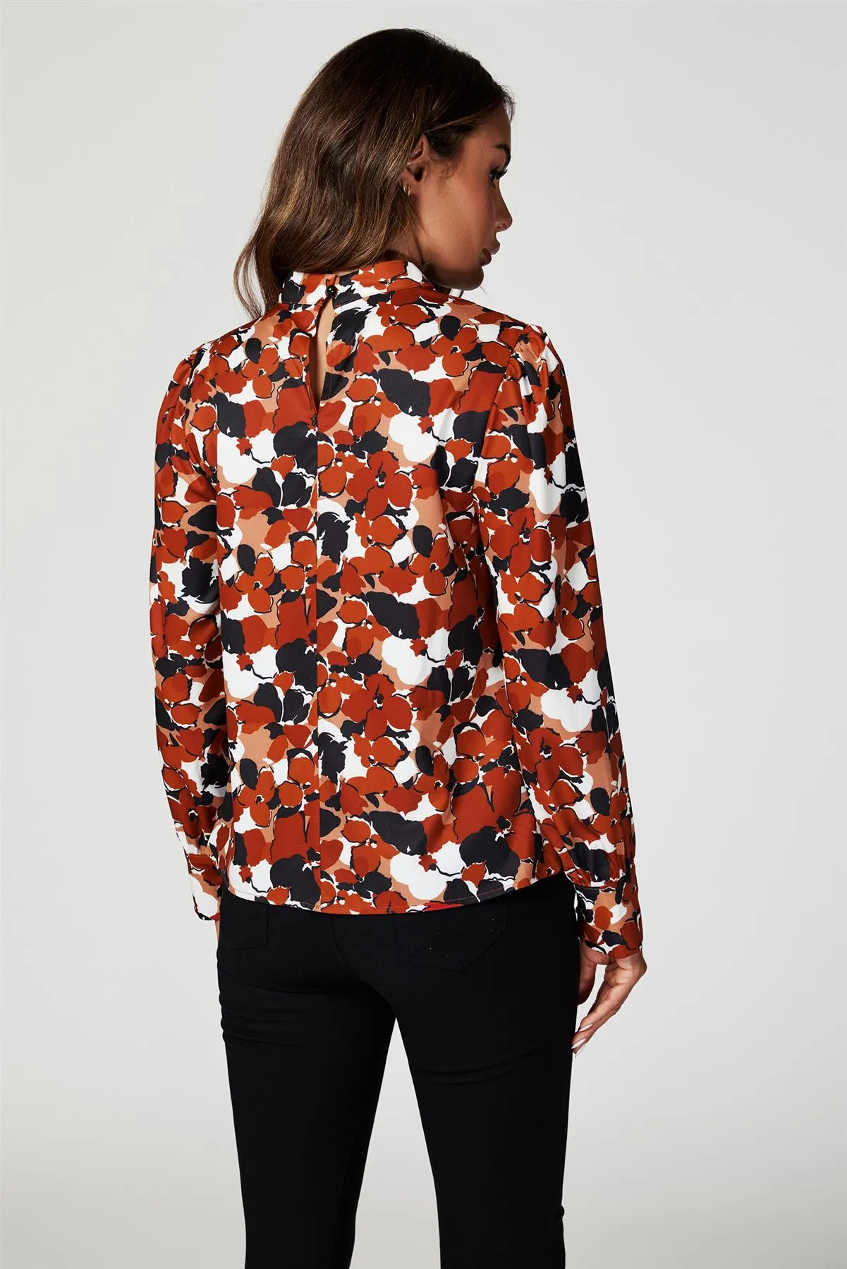 FS Collection Floral Print Long Sleeve High Neck Top In Rust