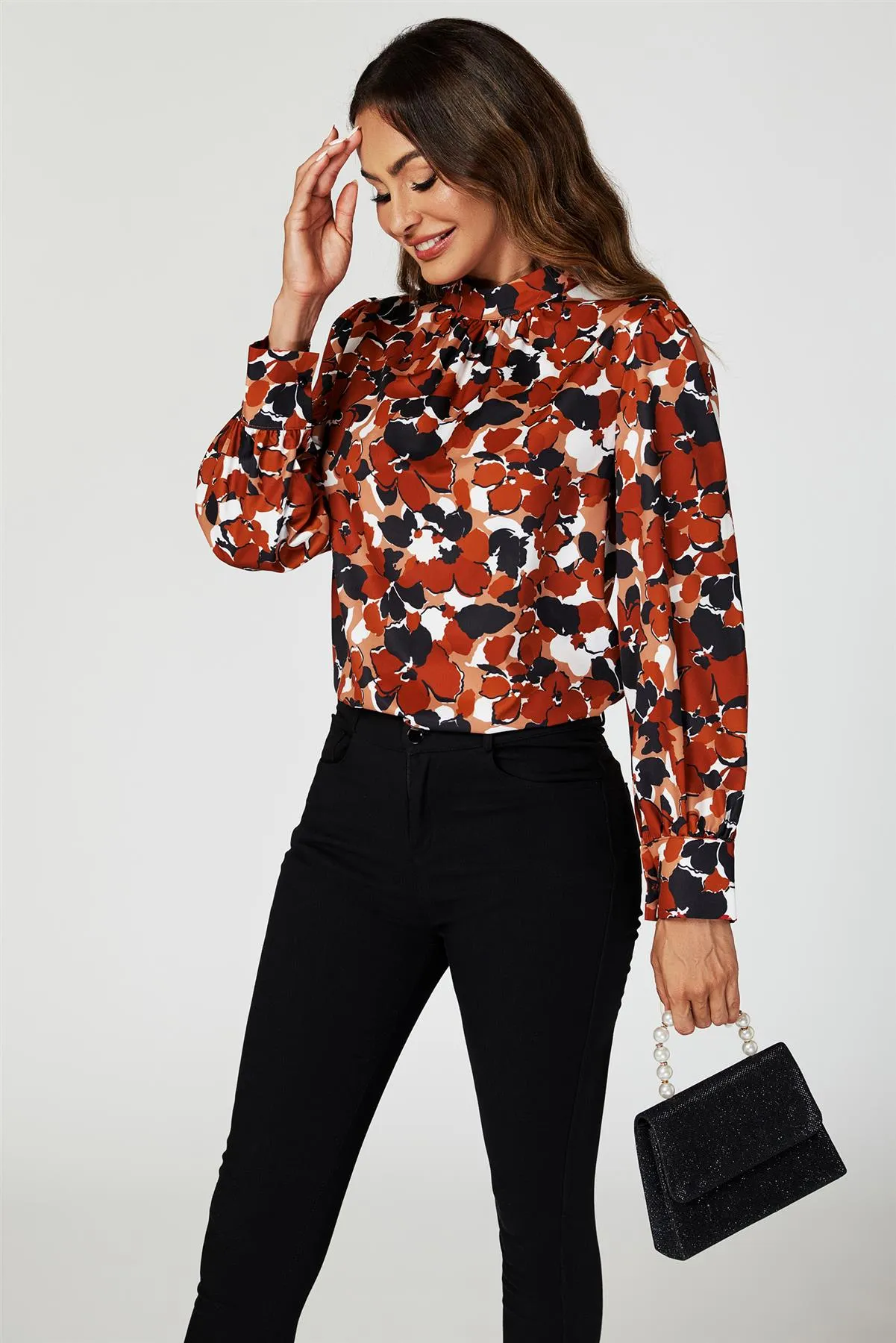 FS Collection Floral Print Long Sleeve High Neck Top In Rust