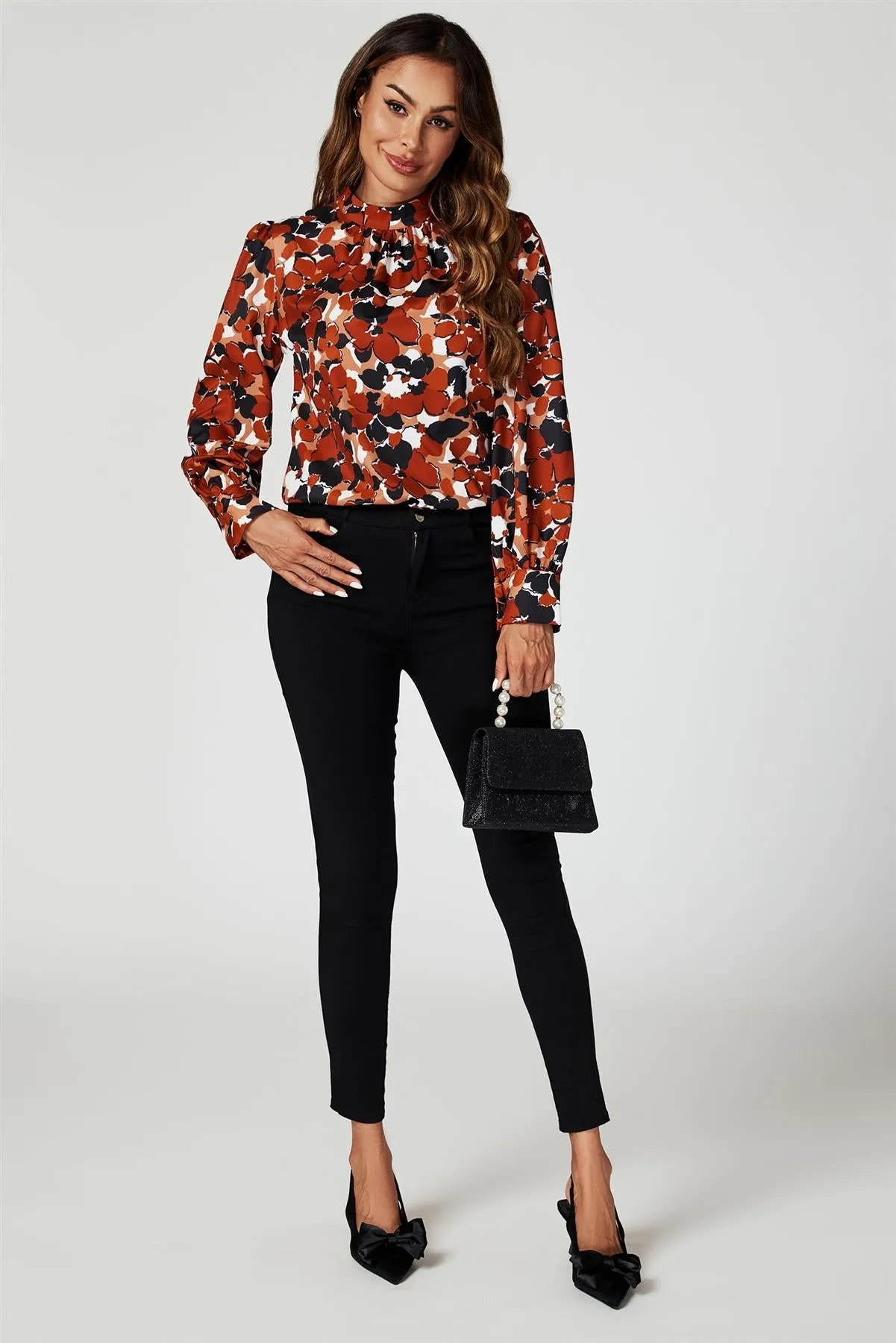 FS Collection Floral Print Long Sleeve High Neck Top In Rust