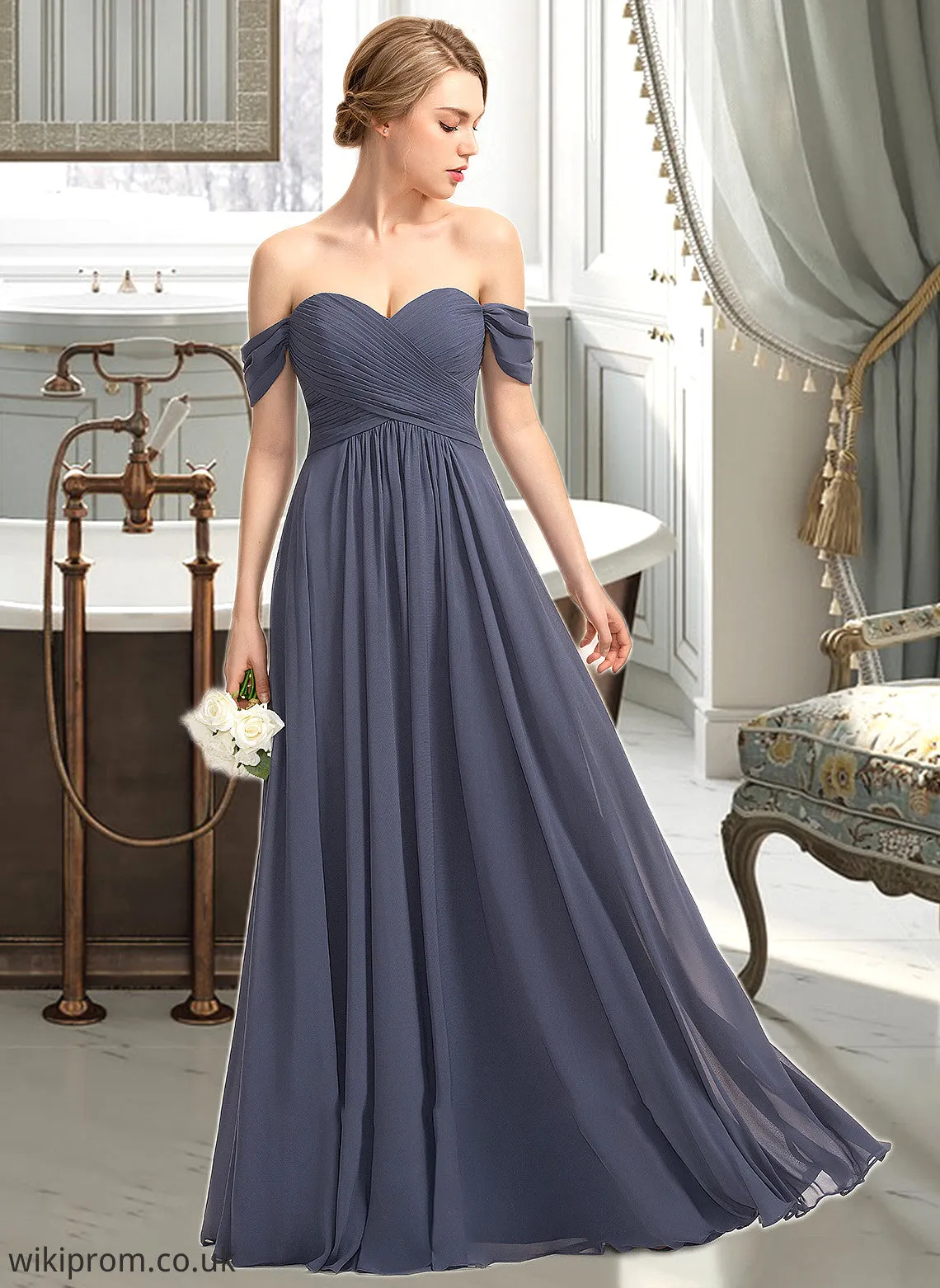 Gill A-line Off the Shoulder Floor-Length Chiffon Bridesmaid Dress With Ruffle SWKP0012924
