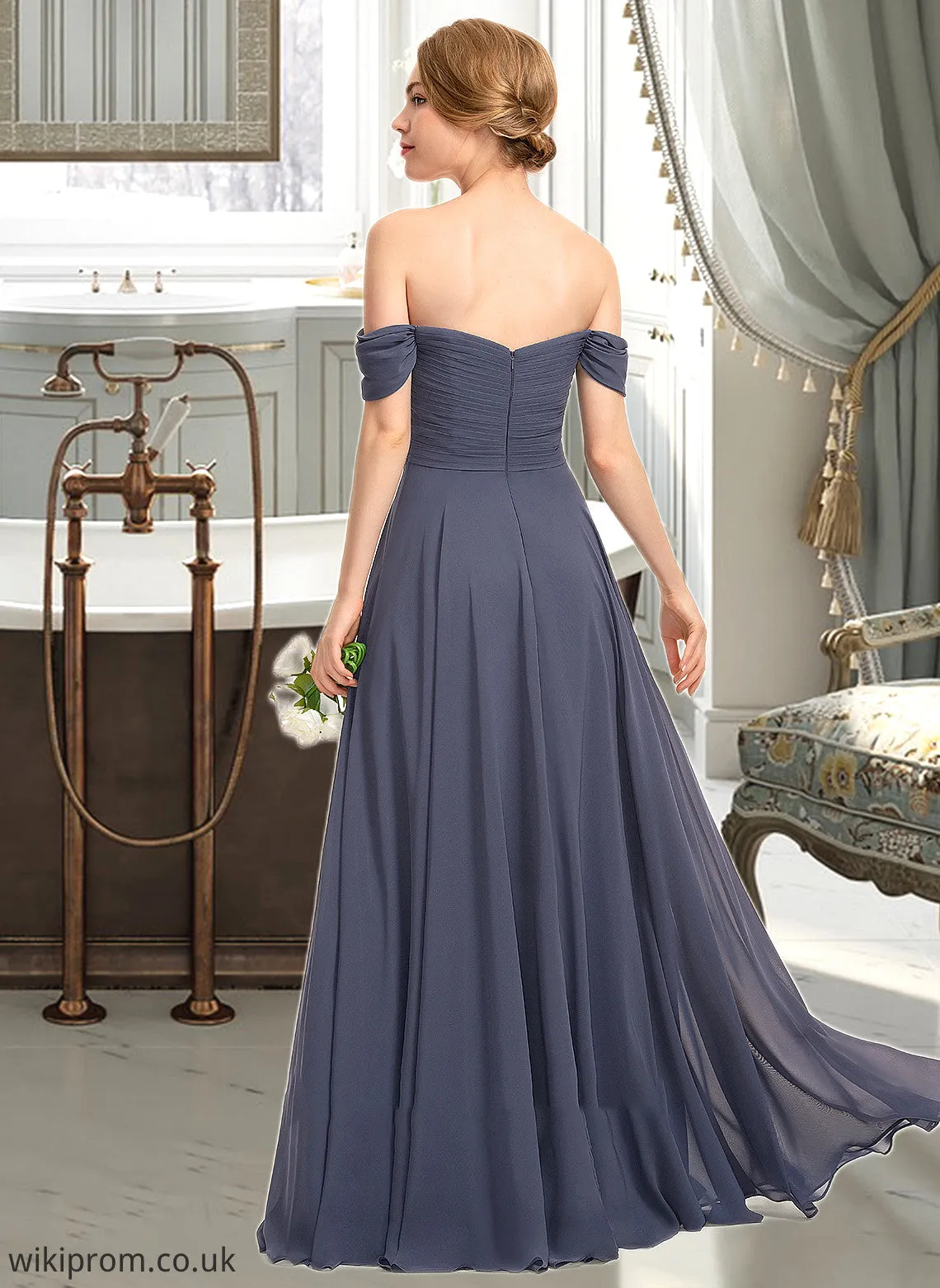 Gill A-line Off the Shoulder Floor-Length Chiffon Bridesmaid Dress With Ruffle SWKP0012924