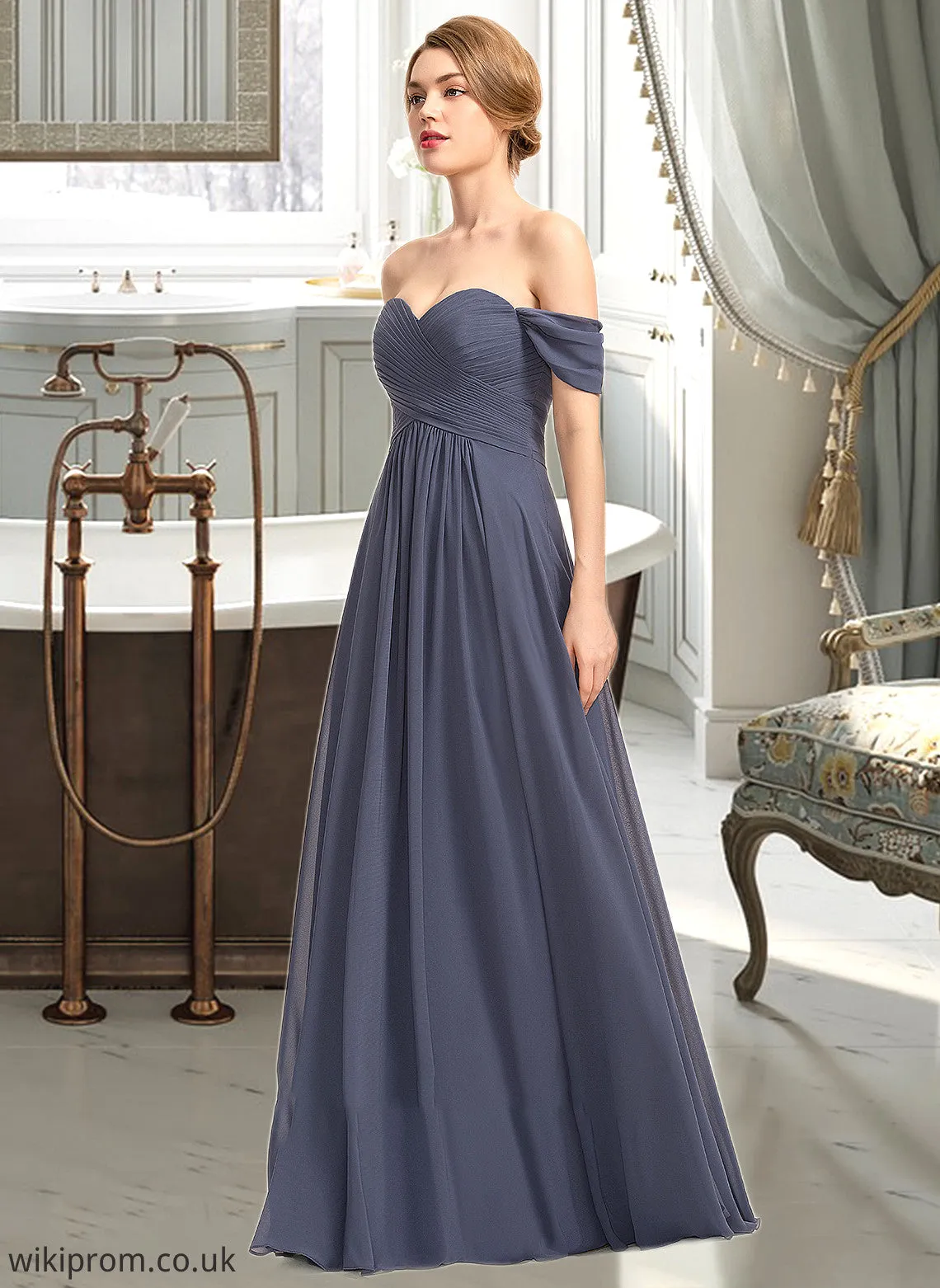 Gill A-line Off the Shoulder Floor-Length Chiffon Bridesmaid Dress With Ruffle SWKP0012924