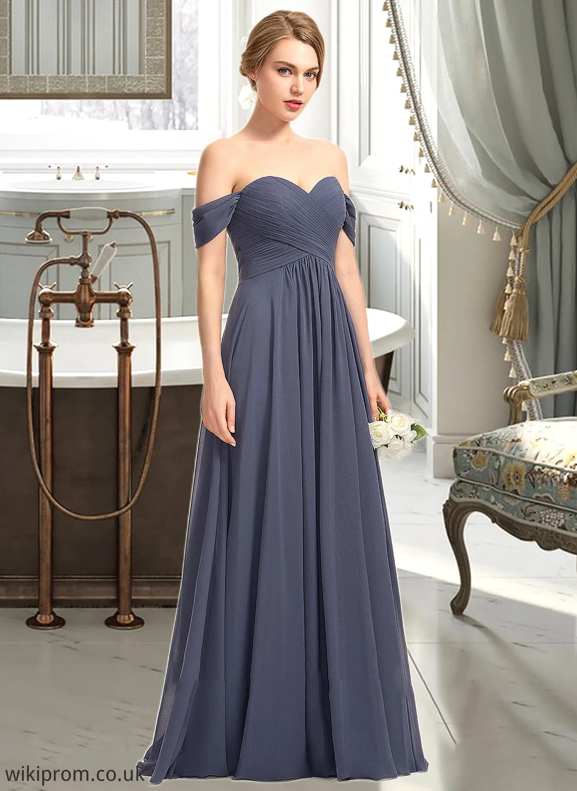 Gill A-line Off the Shoulder Floor-Length Chiffon Bridesmaid Dress With Ruffle SWKP0012924