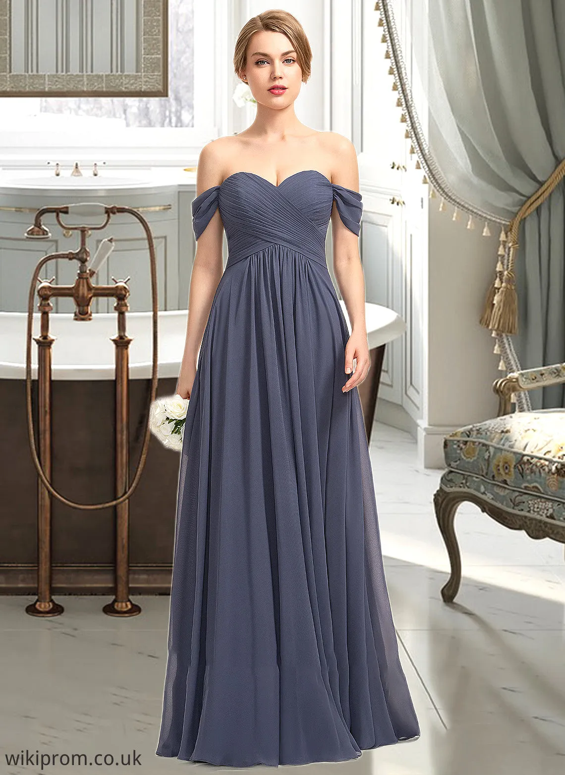 Gill A-line Off the Shoulder Floor-Length Chiffon Bridesmaid Dress With Ruffle SWKP0012924