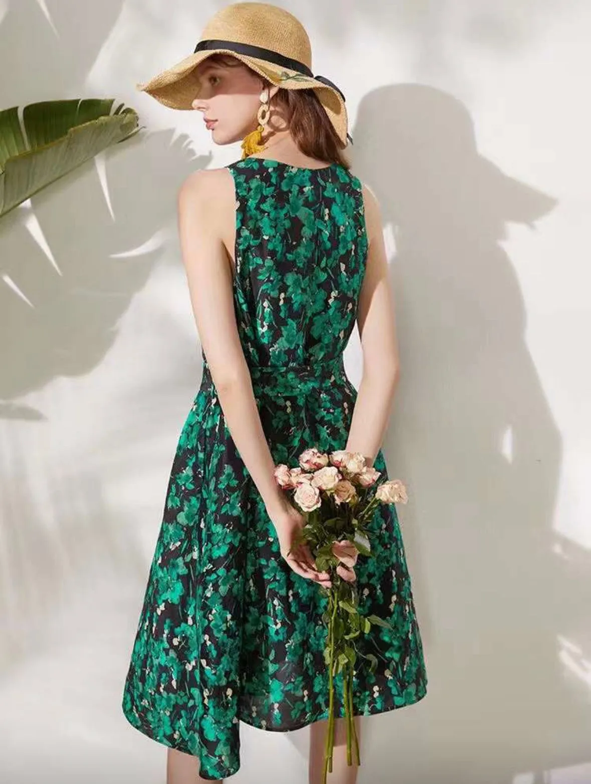 Green Floral Print Silk Linen Umbrella Dress