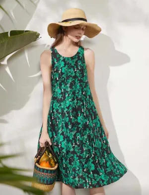 Green Floral Print Silk Linen Umbrella Dress