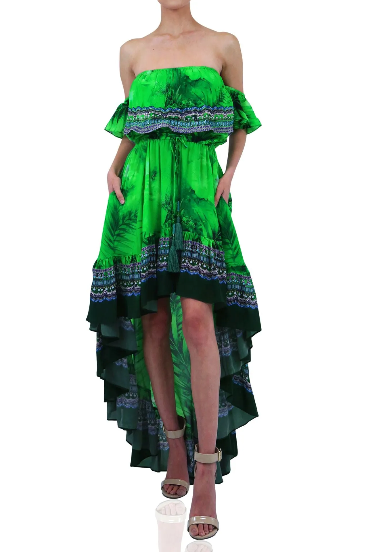 Green Off Shoulder Ruffle Dress