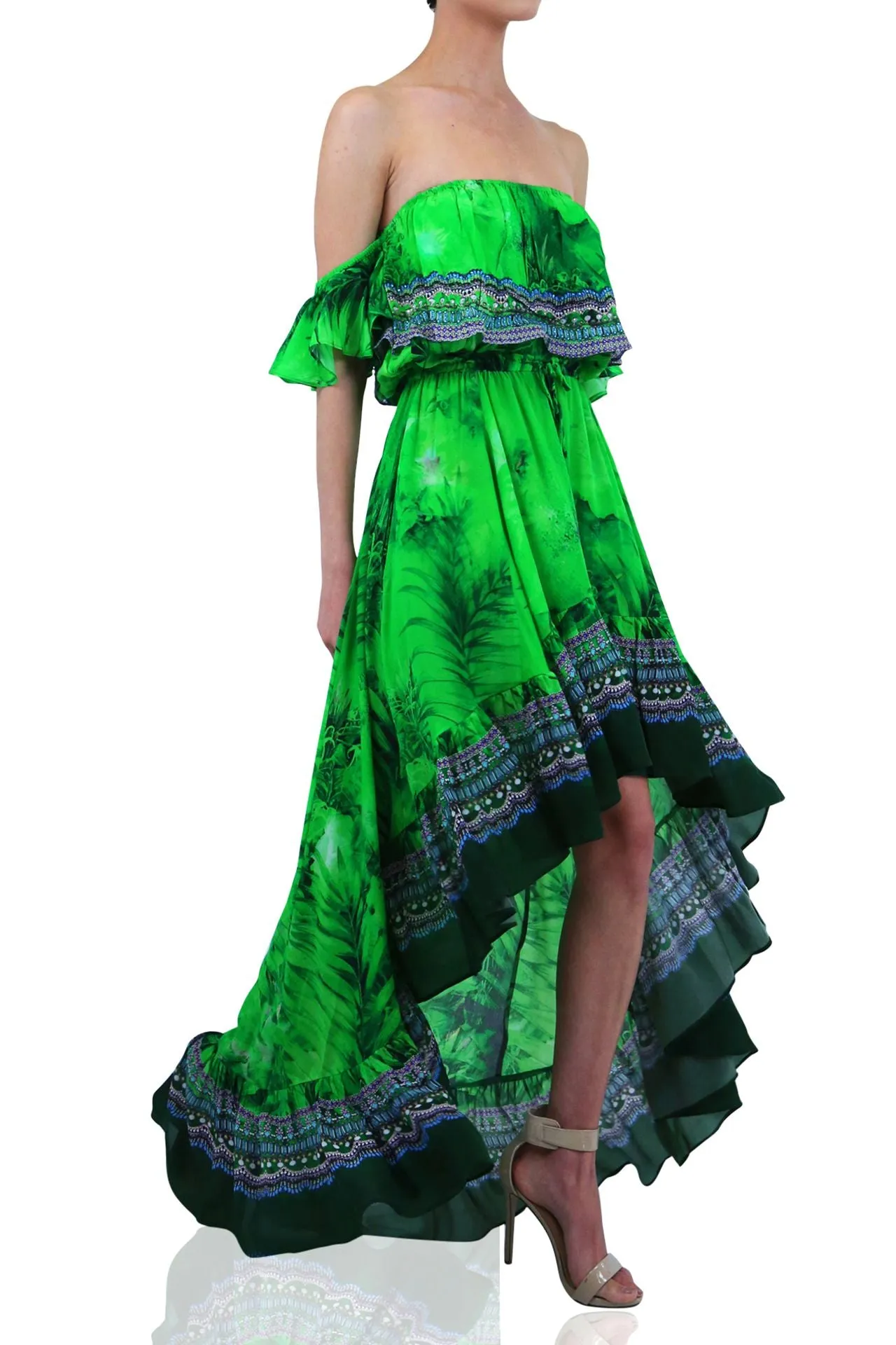 Green Off Shoulder Ruffle Dress