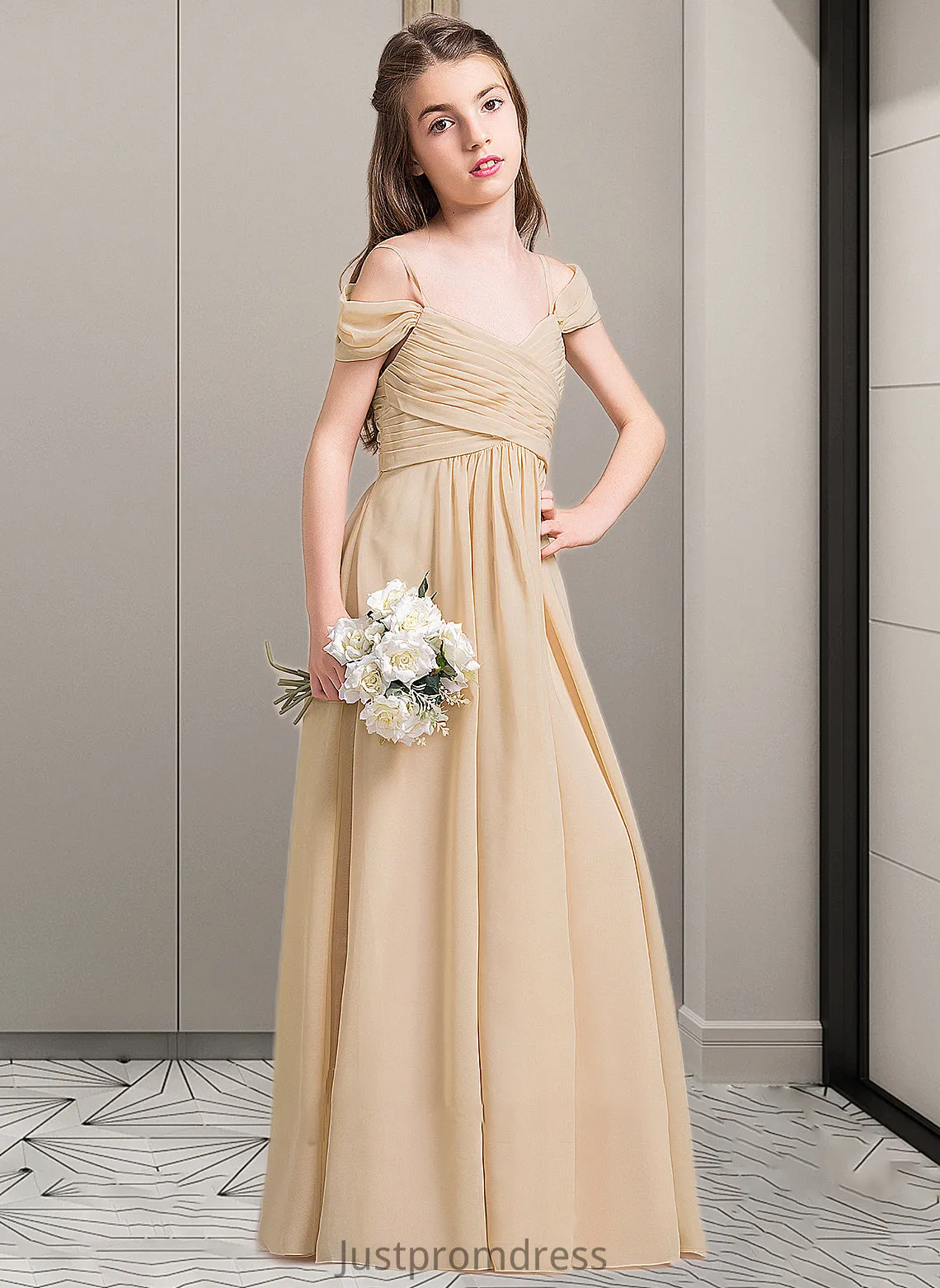Jackie A-Line Off-the-Shoulder Floor-Length Chiffon Junior Bridesmaid Dress With Ruffle HHP0013595