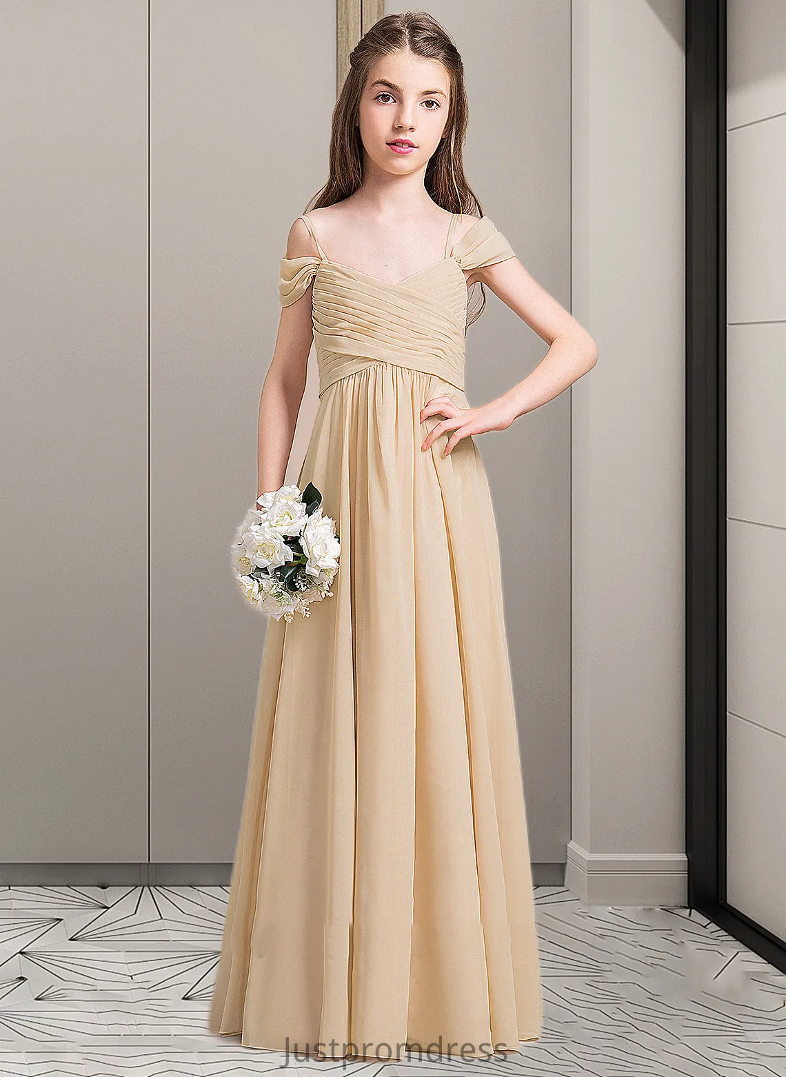Jackie A-Line Off-the-Shoulder Floor-Length Chiffon Junior Bridesmaid Dress With Ruffle HHP0013595