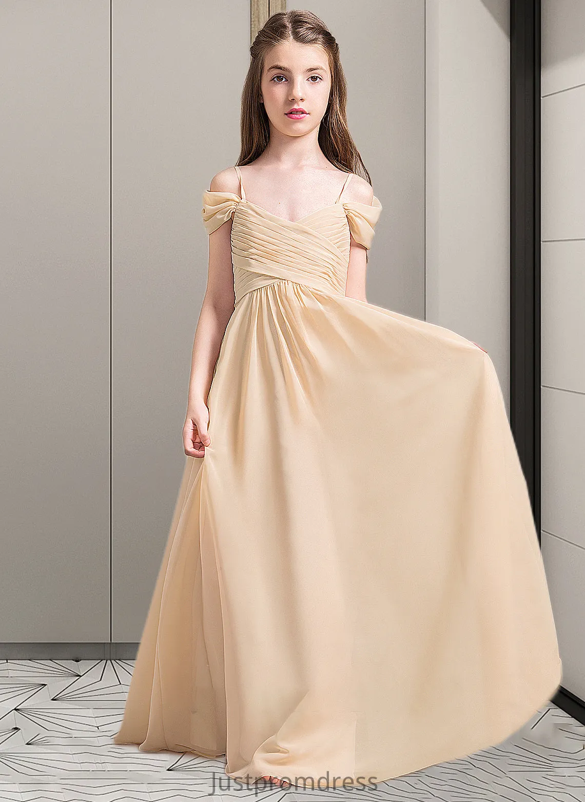 Jackie A-Line Off-the-Shoulder Floor-Length Chiffon Junior Bridesmaid Dress With Ruffle HHP0013595