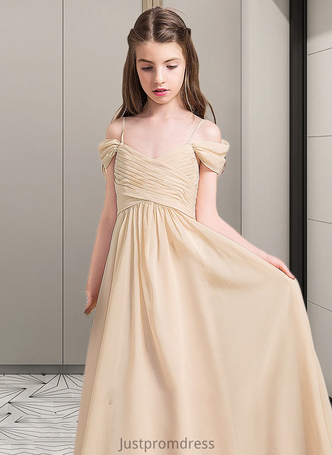 Jackie A-Line Off-the-Shoulder Floor-Length Chiffon Junior Bridesmaid Dress With Ruffle HHP0013595
