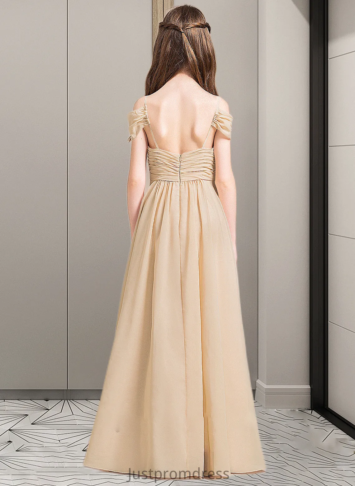 Jackie A-Line Off-the-Shoulder Floor-Length Chiffon Junior Bridesmaid Dress With Ruffle HHP0013595