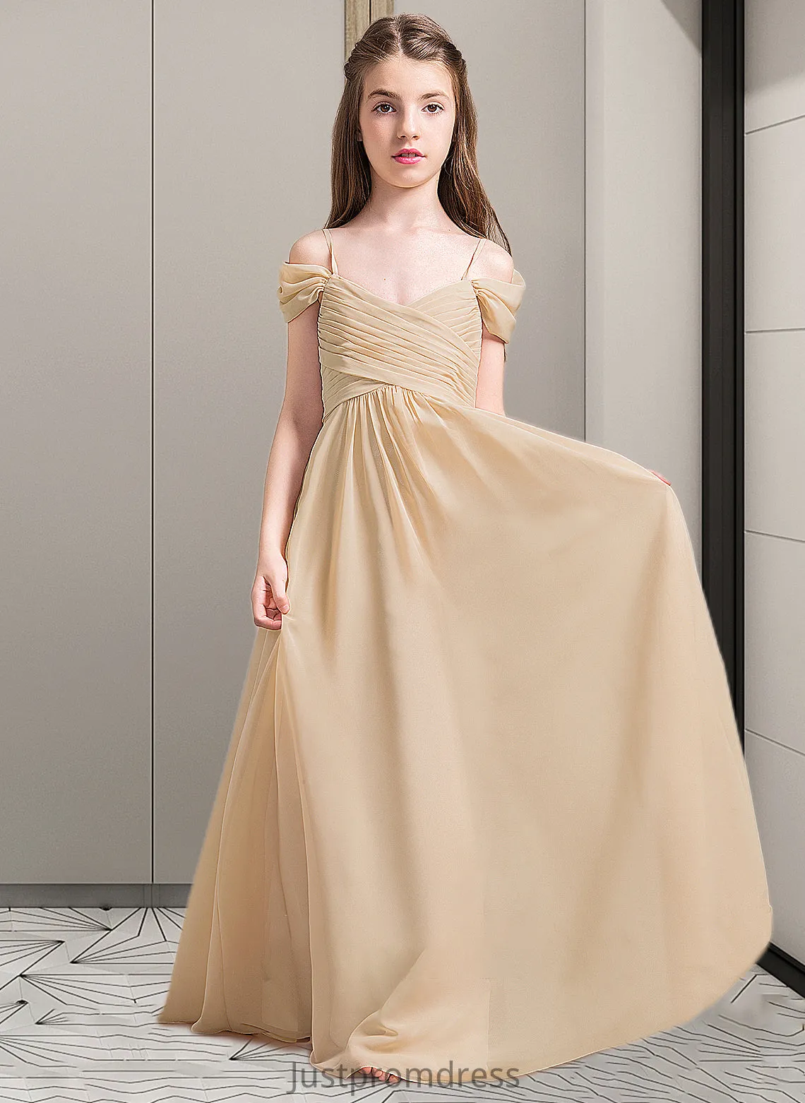 Jackie A-Line Off-the-Shoulder Floor-Length Chiffon Junior Bridesmaid Dress With Ruffle HHP0013595