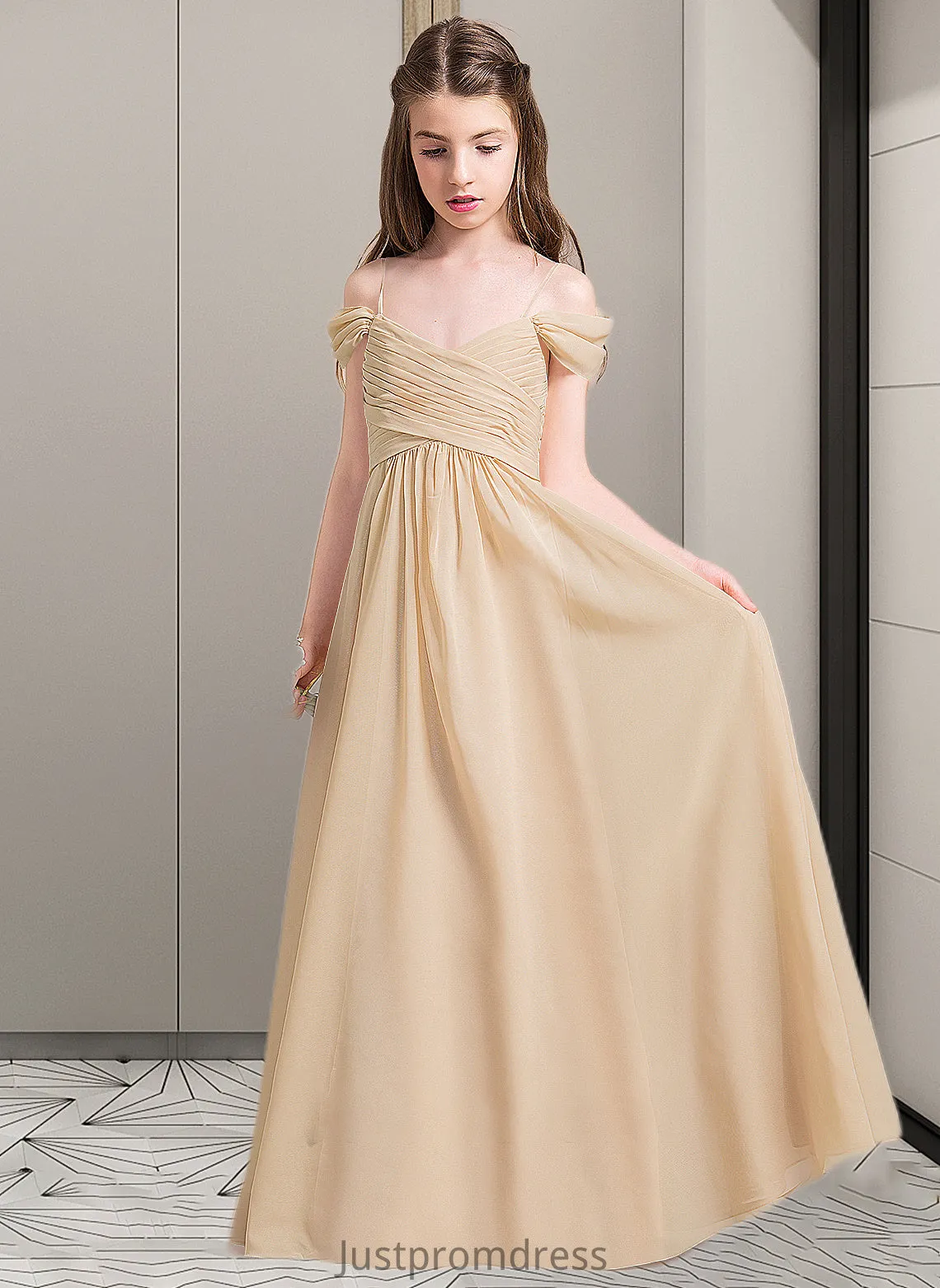 Jackie A-Line Off-the-Shoulder Floor-Length Chiffon Junior Bridesmaid Dress With Ruffle HHP0013595